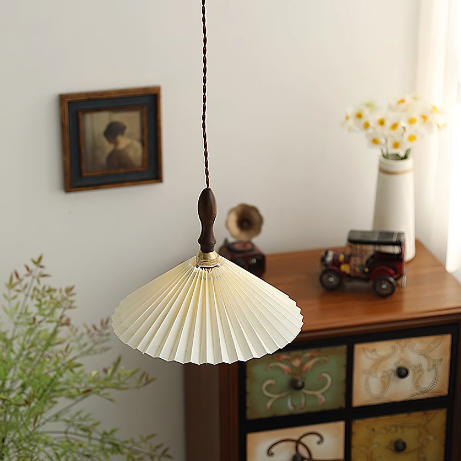 Eldora Pleated Shade Plug-In Pendant Light with Wooden Accent - Neutral Decor