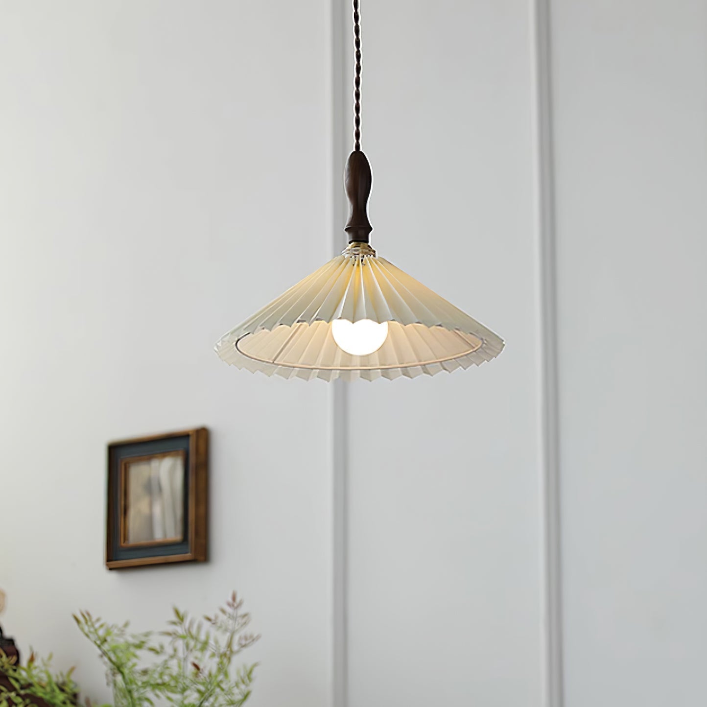 Eldora Pleated Shade Plug-In Pendant Light with Wooden Accent - Neutral Decor