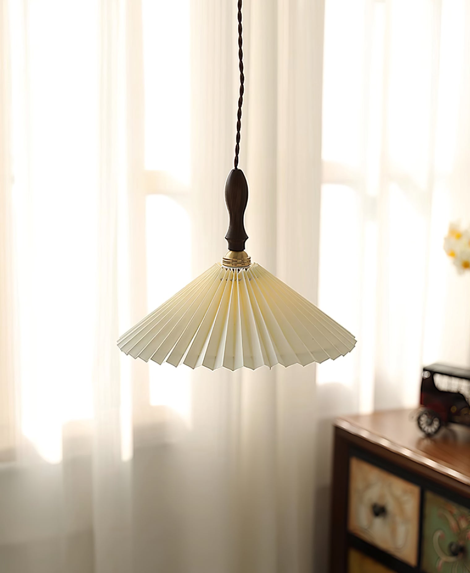Eldora Pleated Shade Plug-In Pendant Light with Wooden Accent - Neutral Decor