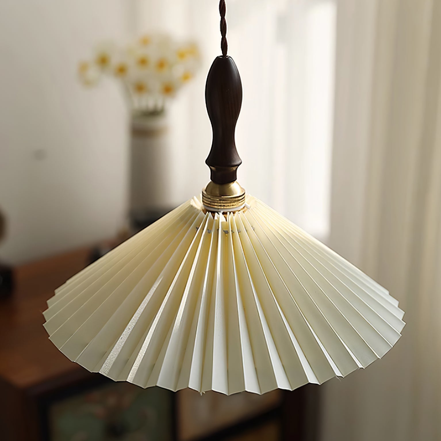 Eldora Pleated Shade Plug-In Pendant Light with Wooden Accent - Neutral Decor