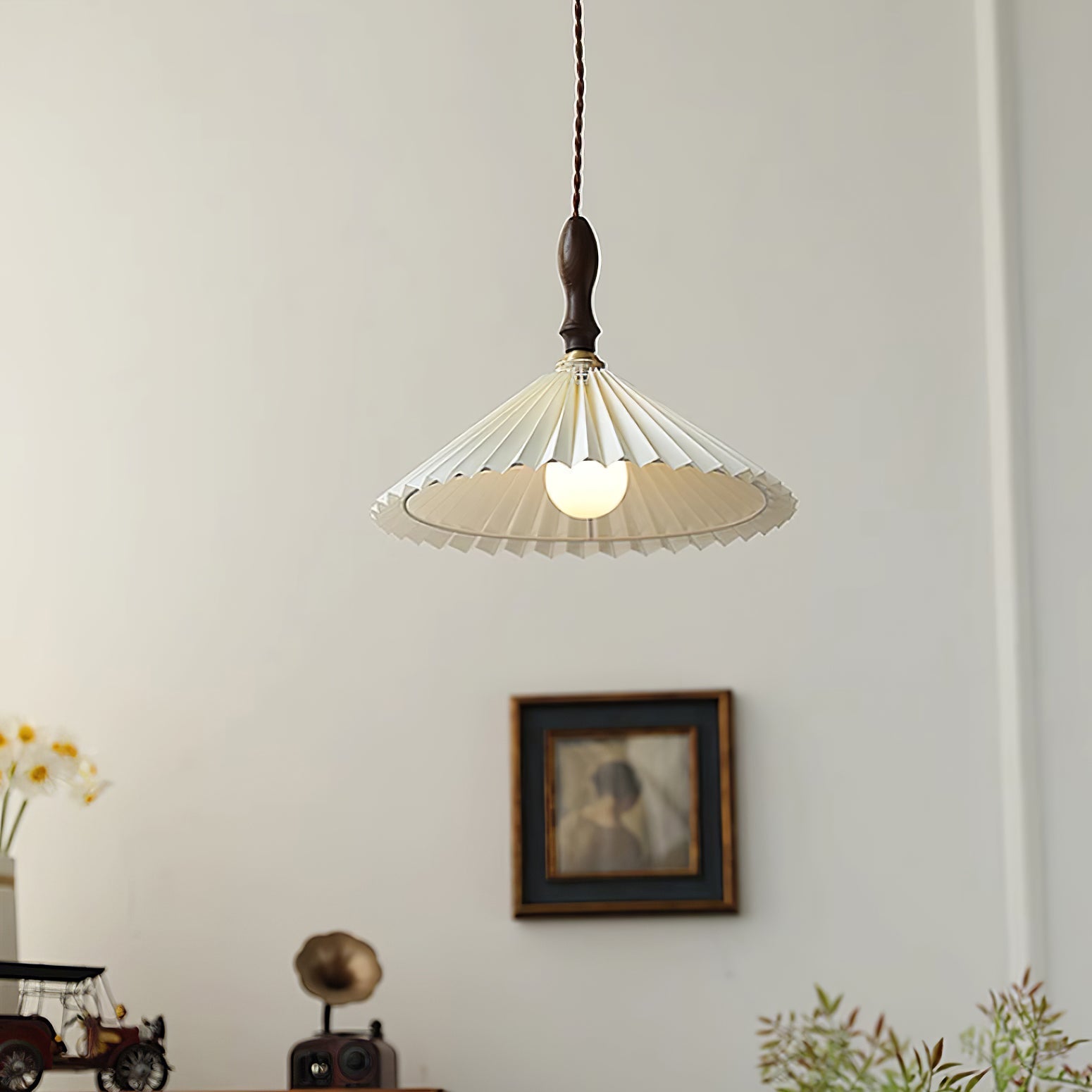 Eldora Pleated Shade Plug-In Pendant Light with Wooden Accent - Neutral Decor