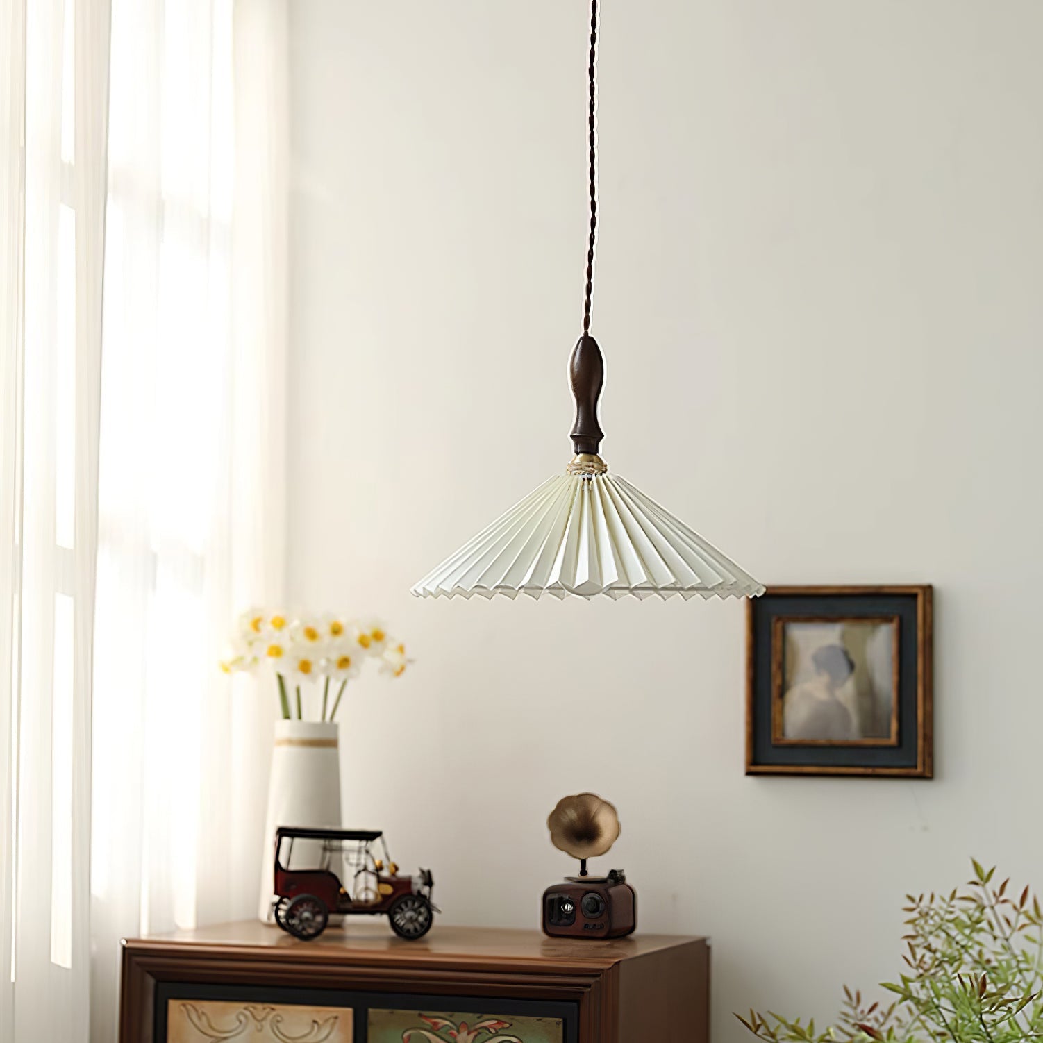 Eldora Pleated Shade Plug-In Pendant Light with Wooden Accent - Neutral Decor