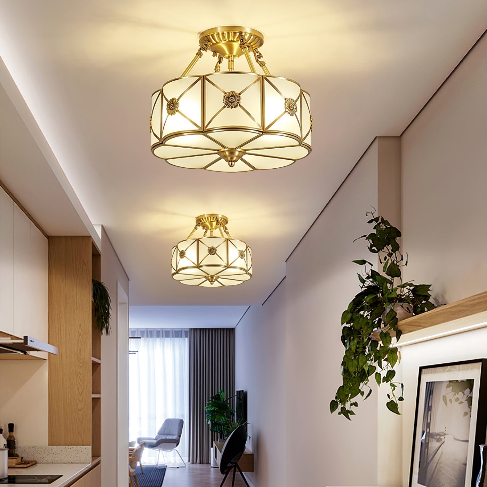 Auralaine Ceiling Lamp Brass Scalloped Frosted Classic
