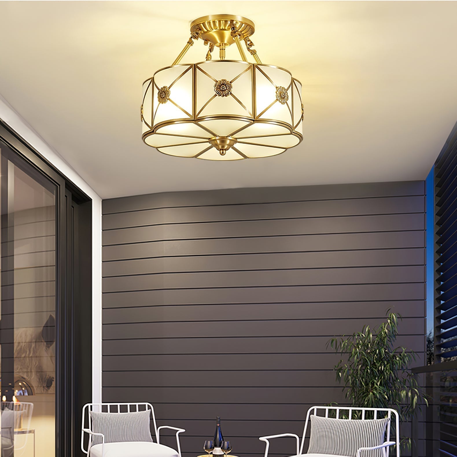 Auralaine Ceiling Lamp Brass Scalloped Frosted Classic