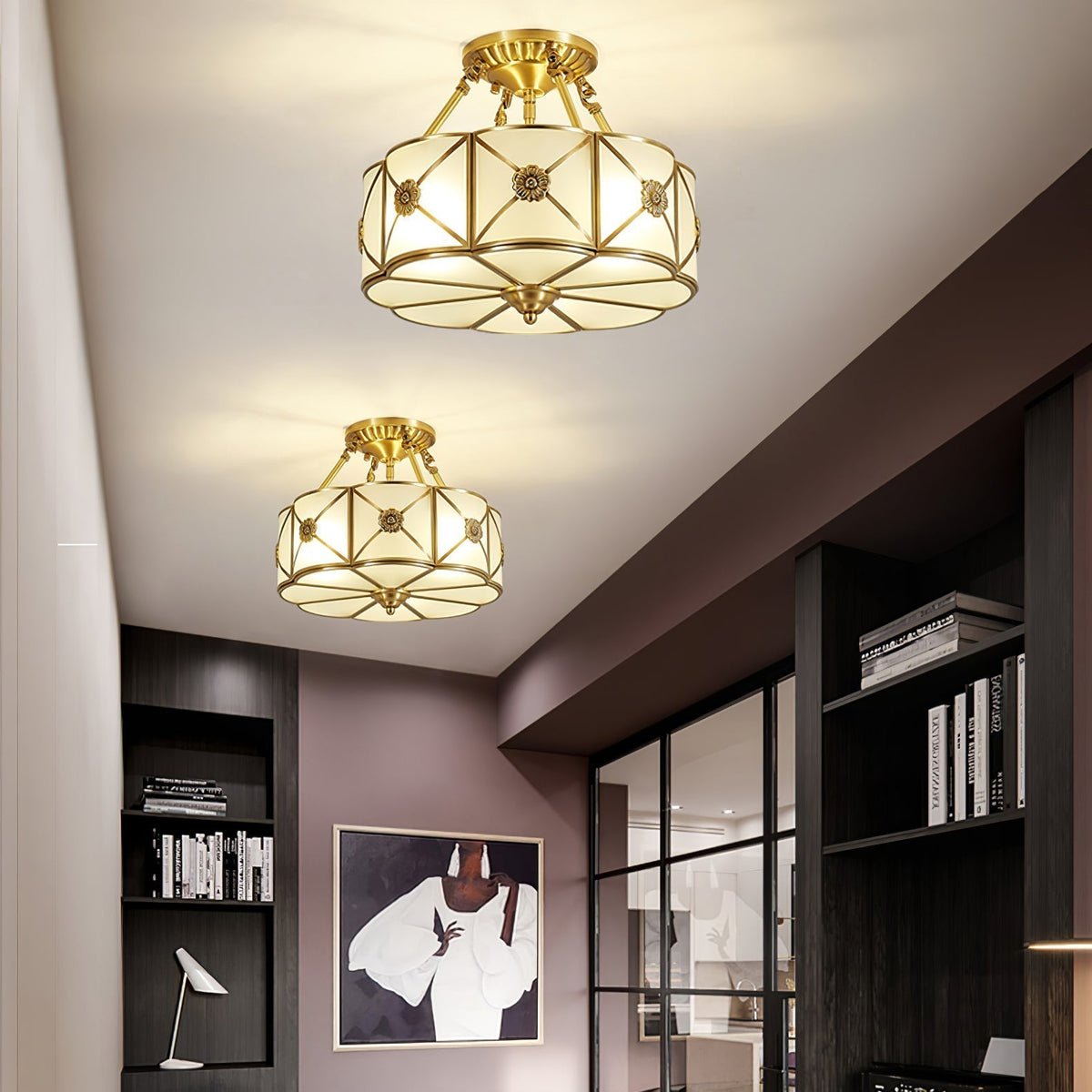 Auralaine Ceiling Lamp Brass Scalloped Frosted Classic