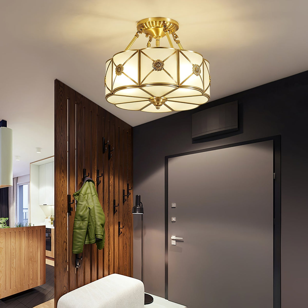 Auralaine Ceiling Lamp Brass Scalloped Frosted Classic