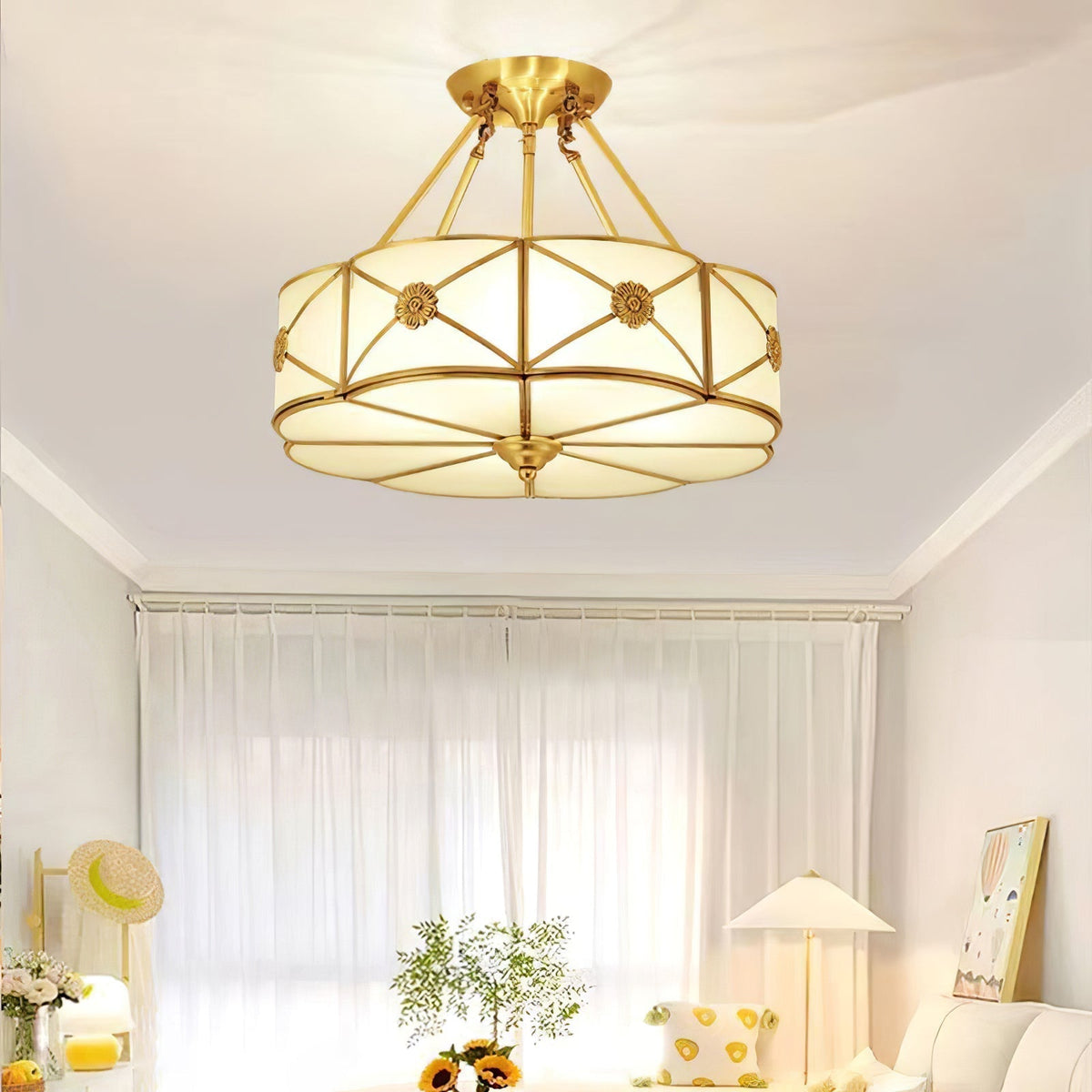 Auralaine Ceiling Lamp Brass Scalloped Frosted Classic