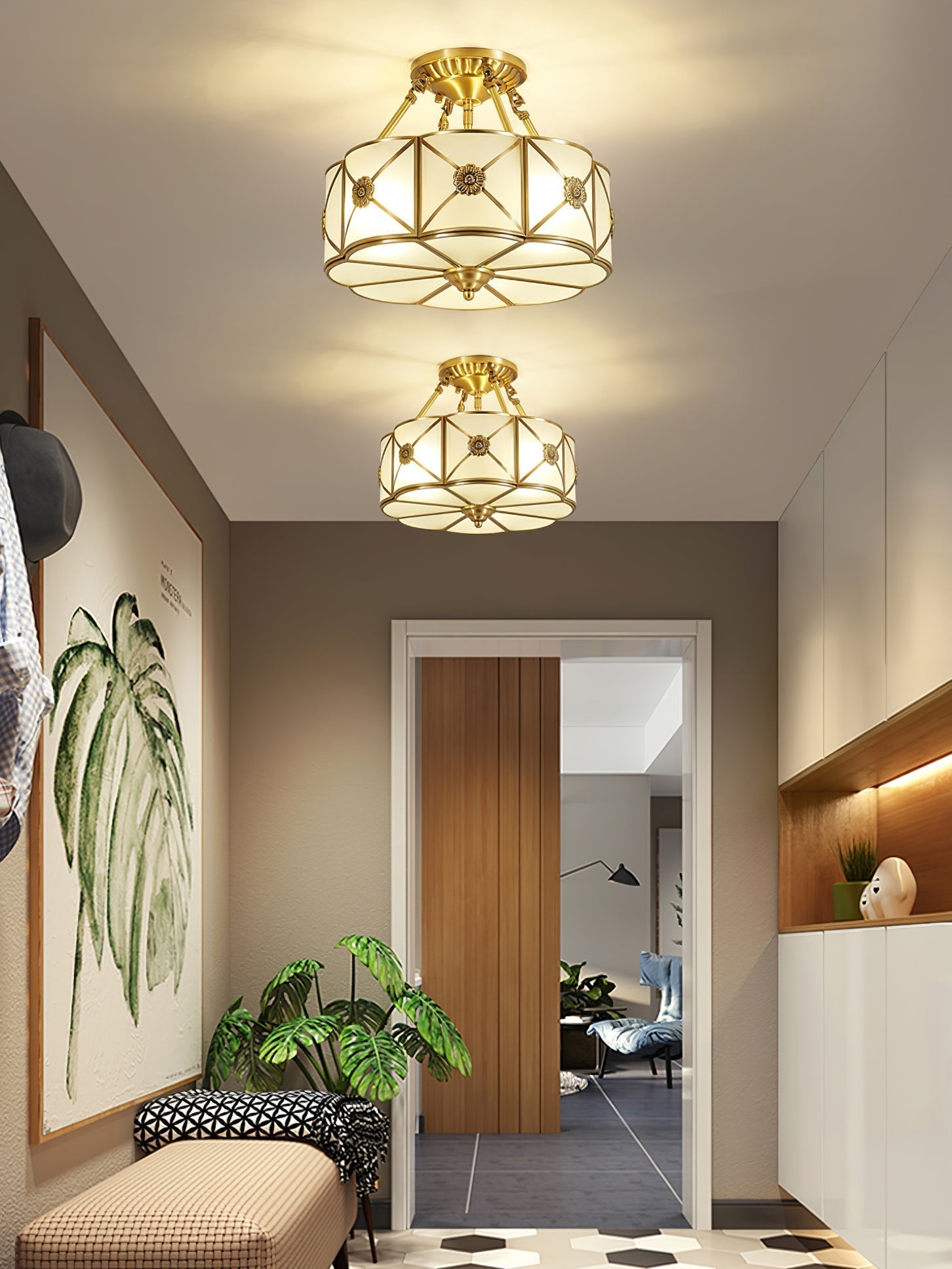 Auralaine Ceiling Lamp Brass Scalloped Frosted Classic