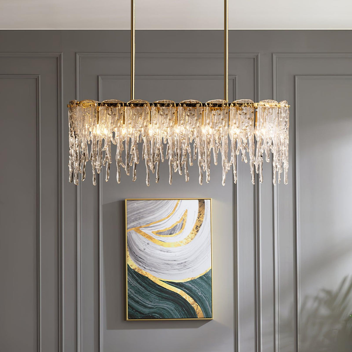 Cathaa Postmodern Luxury Rectangular Icicle Glass Crystal Chandelier