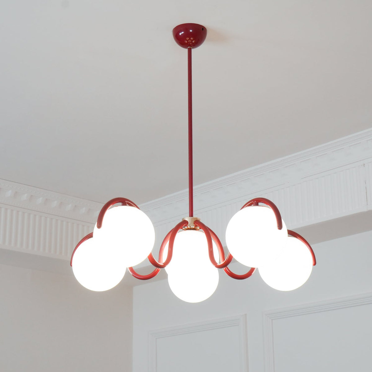 Eireine Chandelier White Glass Globes Curved Frame