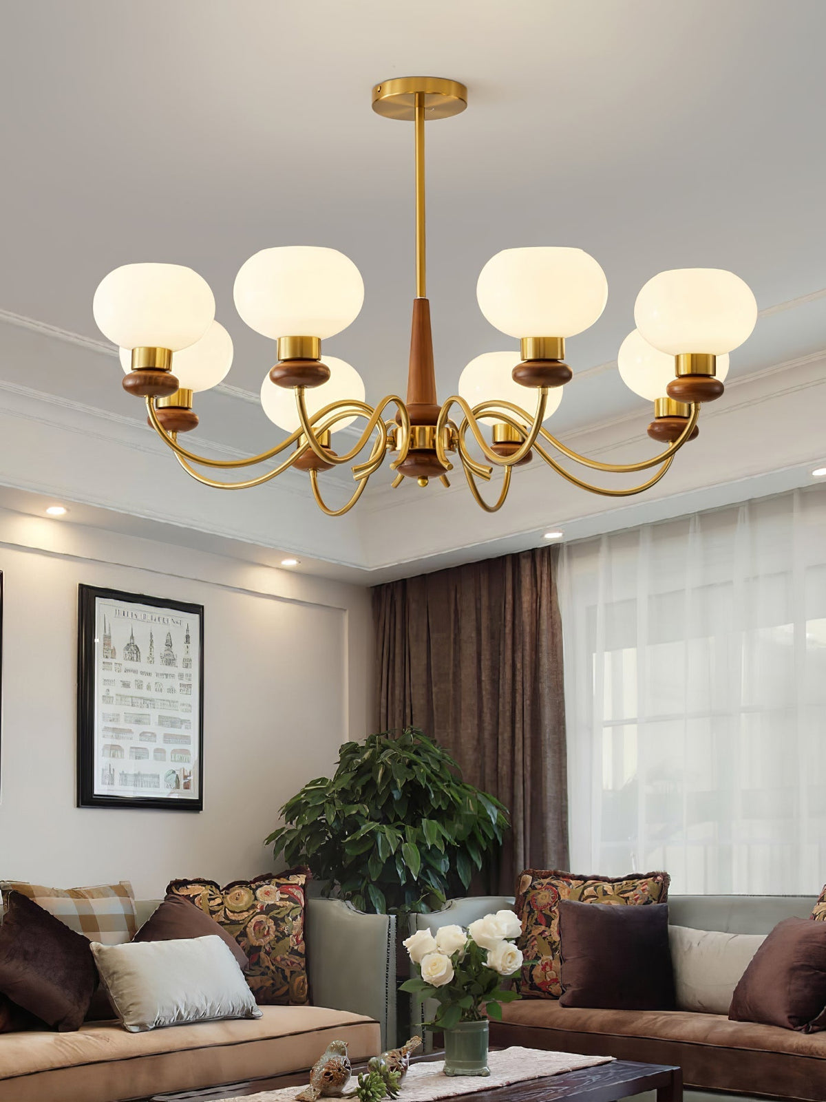 Riniena Chandelier Brass Wood Globe Classic