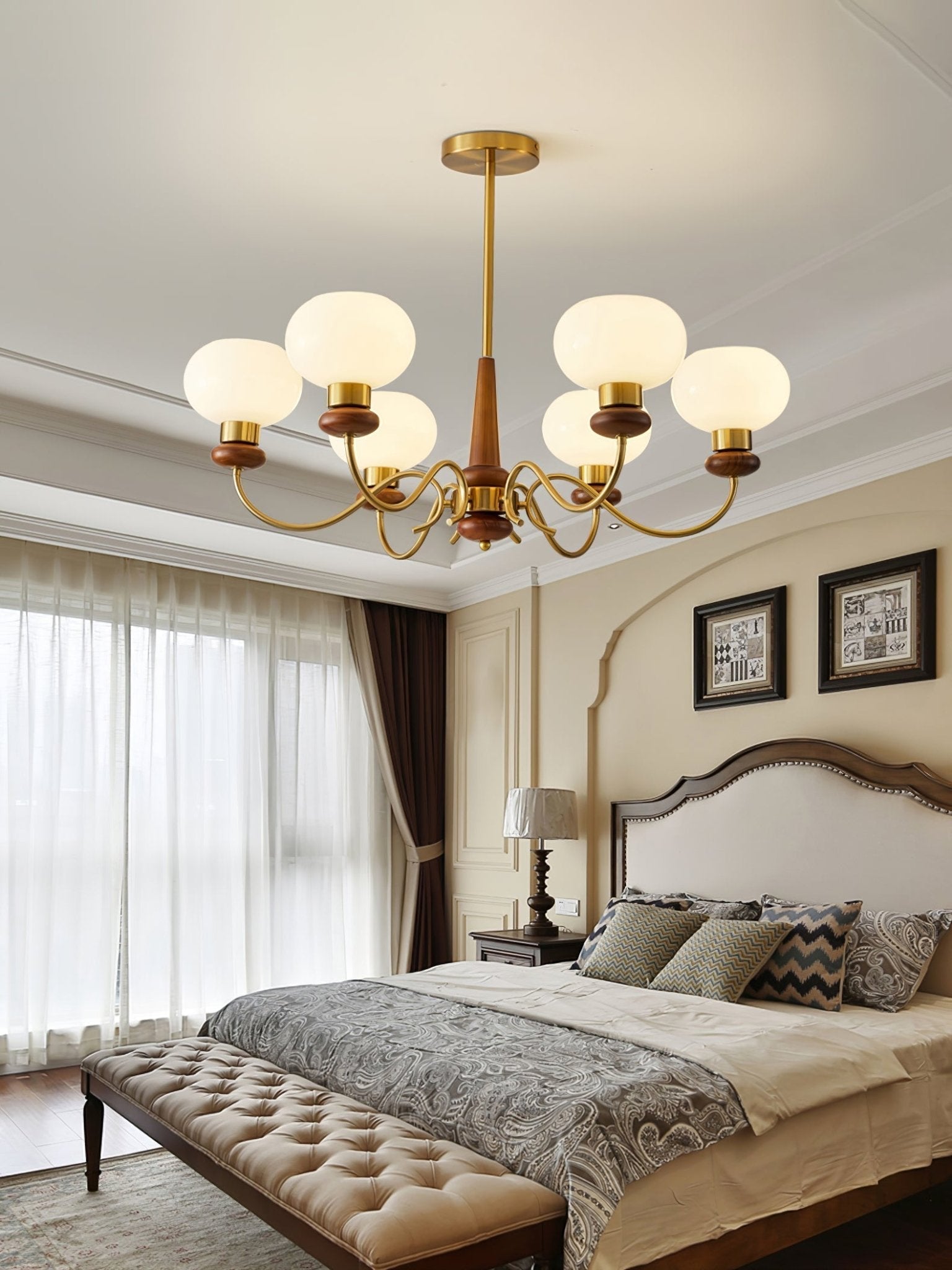 Riniena Chandelier Brass Wood Globe Classic