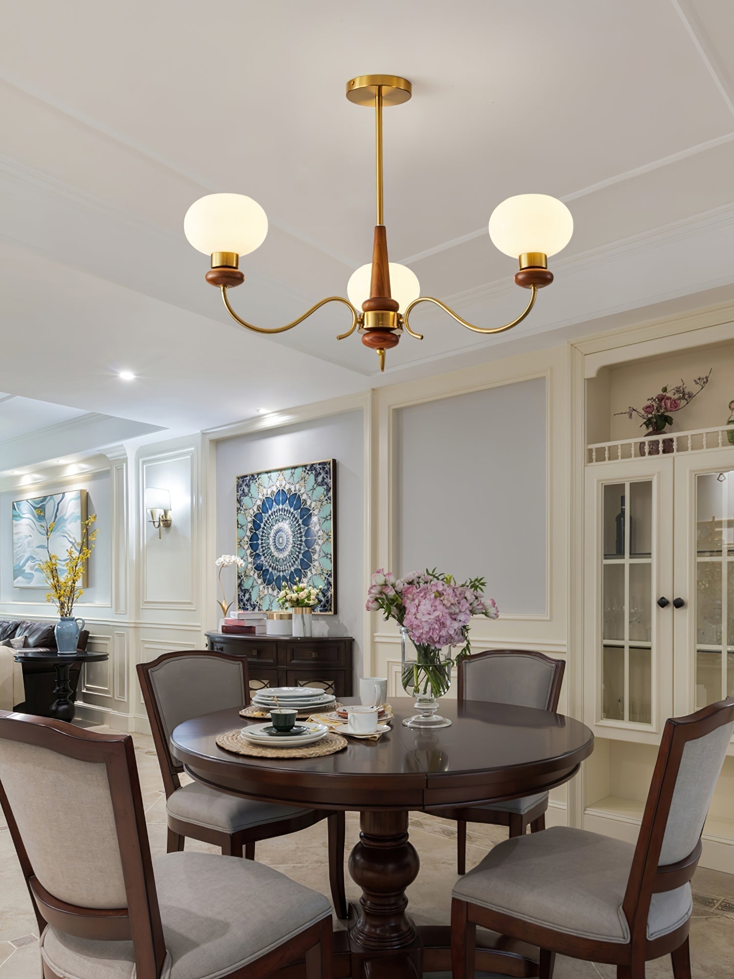 Riniena Chandelier Brass Wood Globe Classic