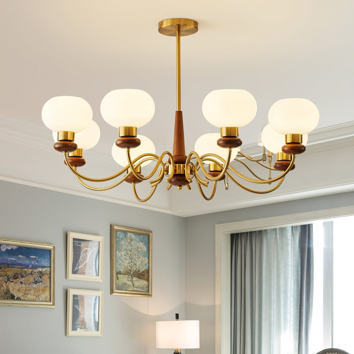 Riniena Chandelier Brass Wood Globe Classic