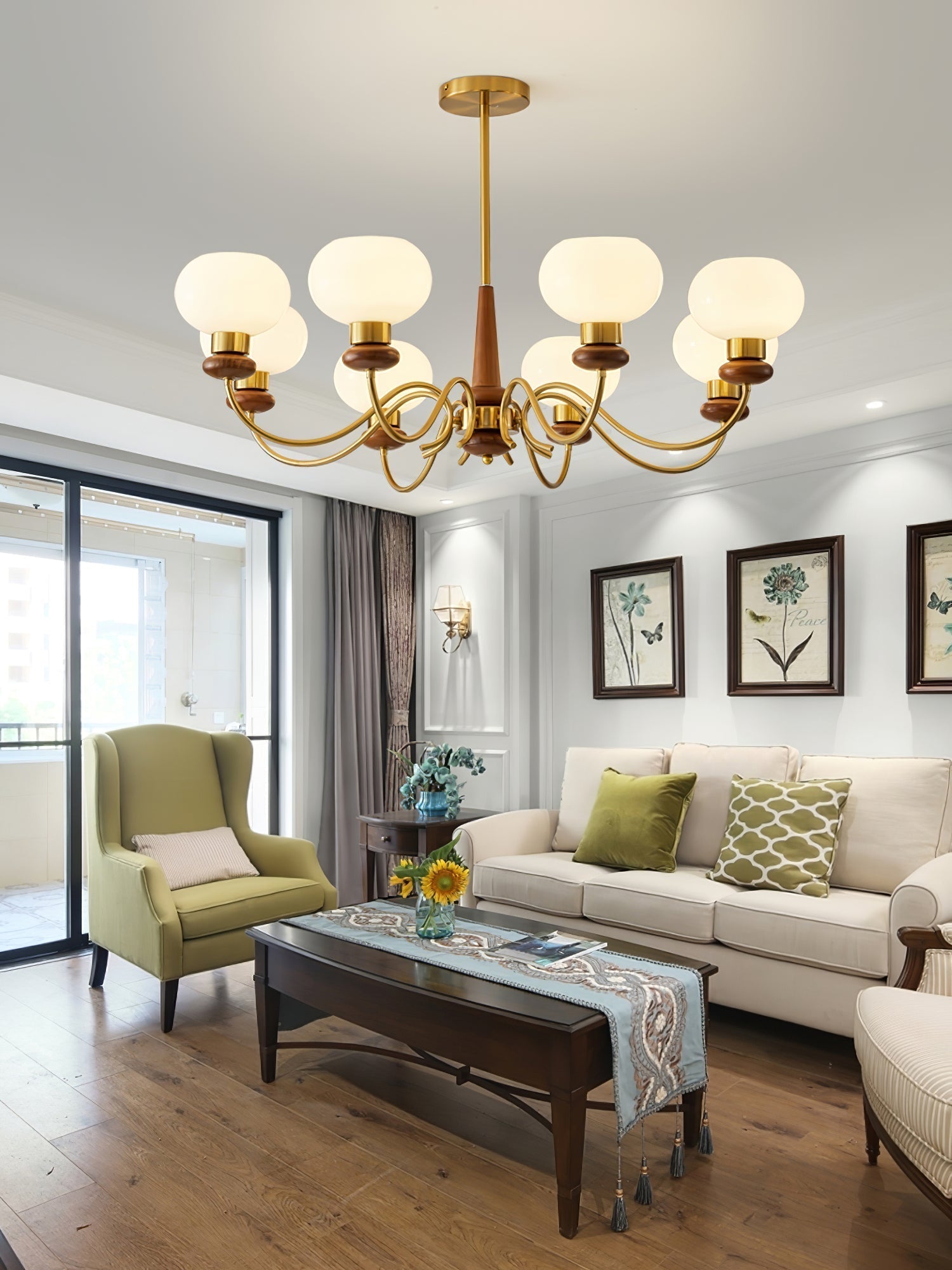 Riniena Chandelier Brass Wood Globe Classic