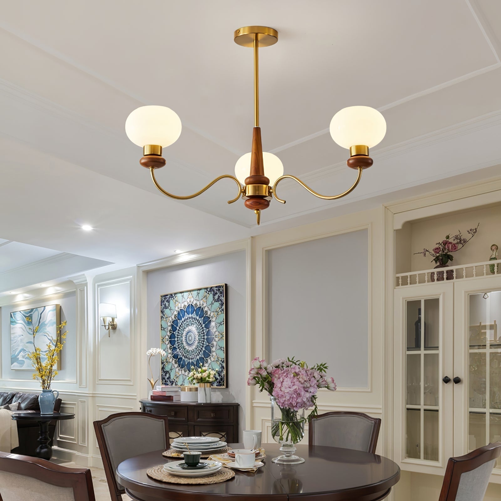 Riniena Chandelier Brass Wood Globe Classic