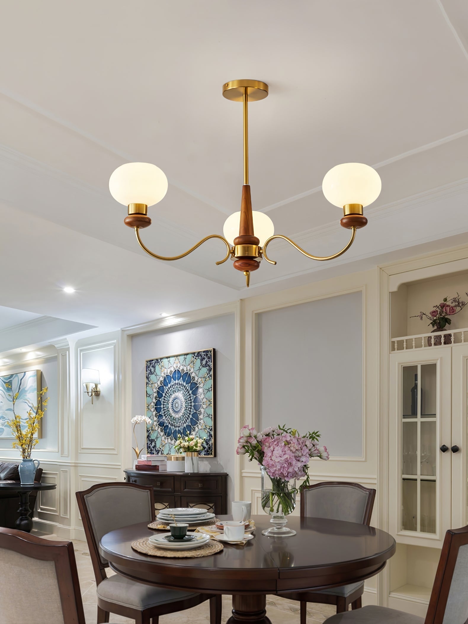 Riniena Chandelier Brass Wood Globe Classic