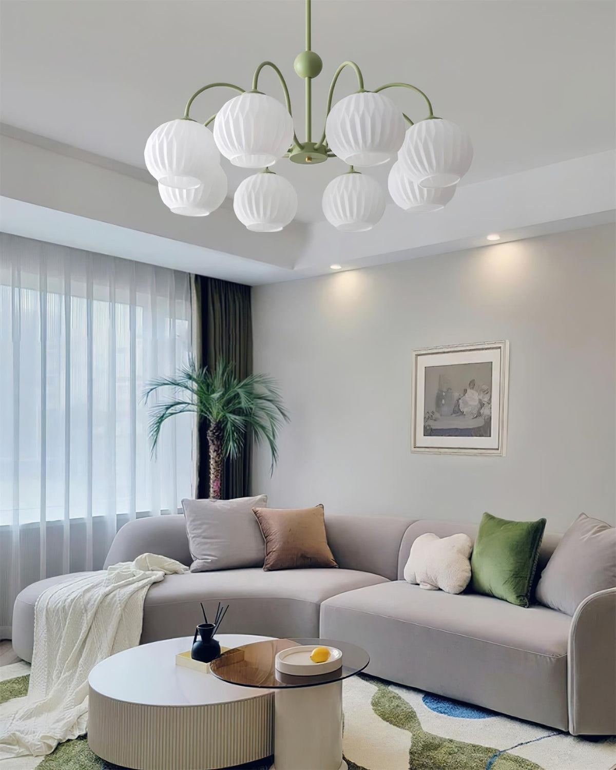 Velaaria Chandelier Green Ribbed Glass Modern 8-Light