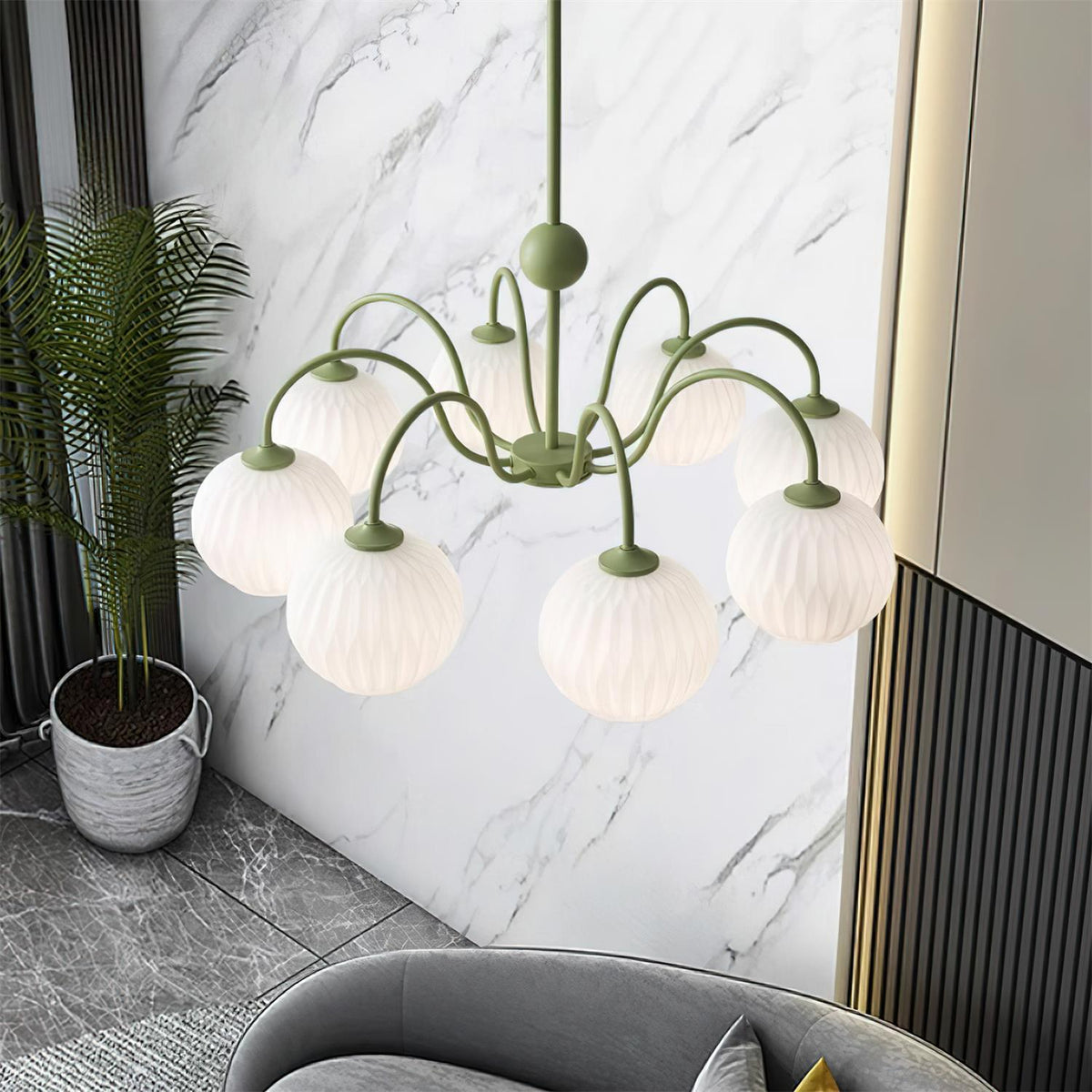 Velaaria Chandelier Green Ribbed Glass Modern 8-Light