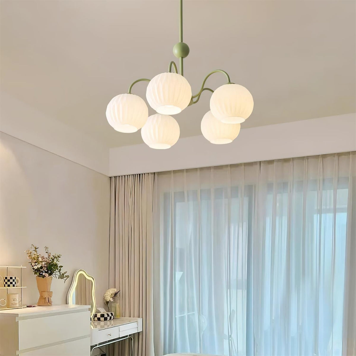 Velaaria Chandelier Green Ribbed Glass Modern 8-Light