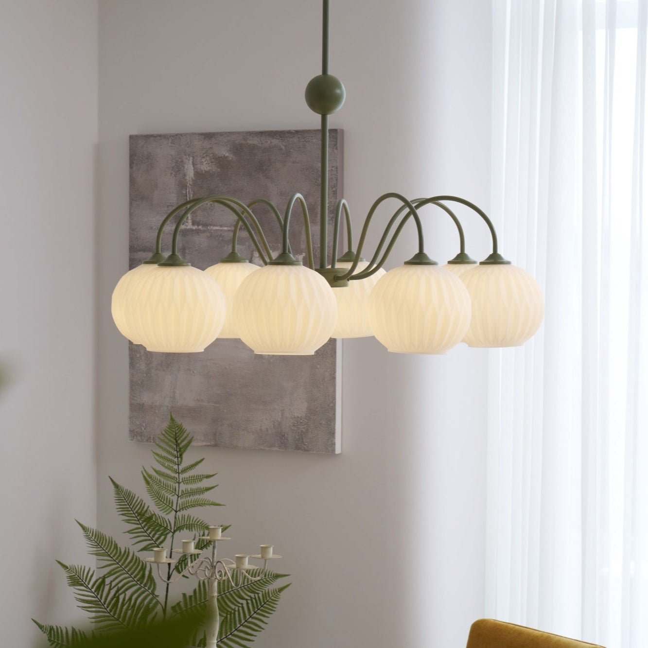 Velaaria Chandelier Green Ribbed Glass Modern 8-Light