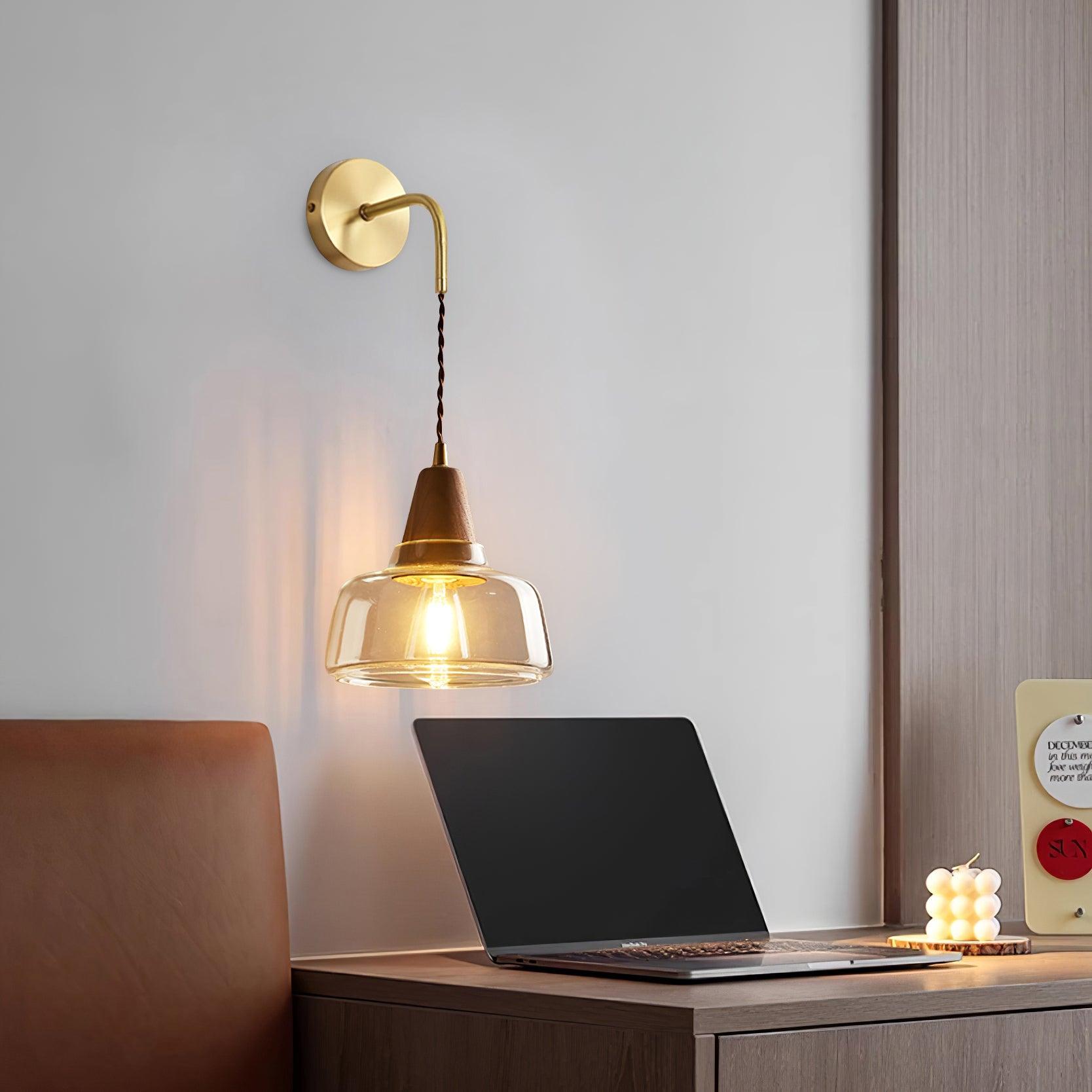 Wall Lamp Amber Glass Shade Tapered Walnut Accent Soft Glow Modern - Neutral Decor