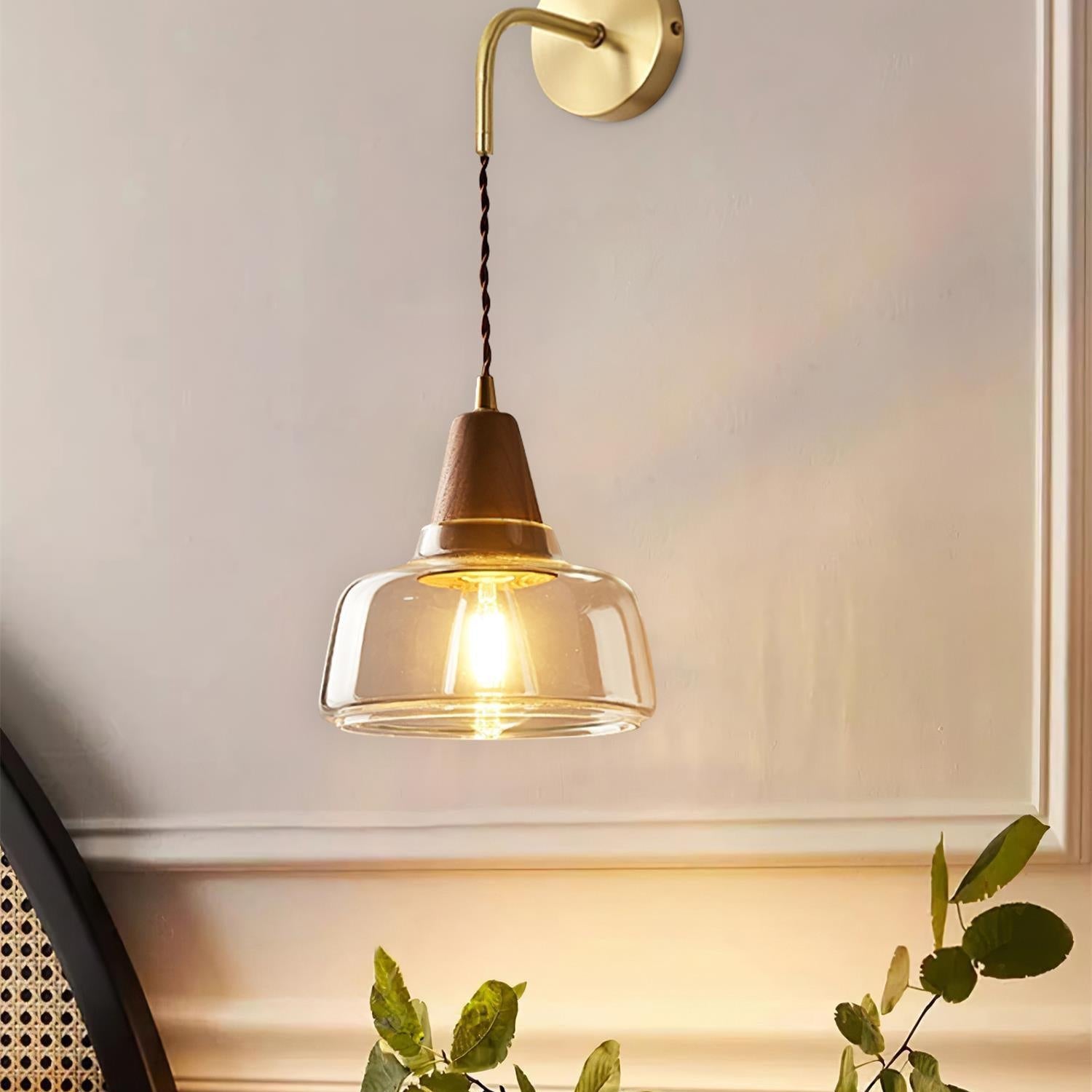 Wall Lamp Amber Glass Shade Tapered Walnut Accent Soft Glow Modern - Neutral Decor