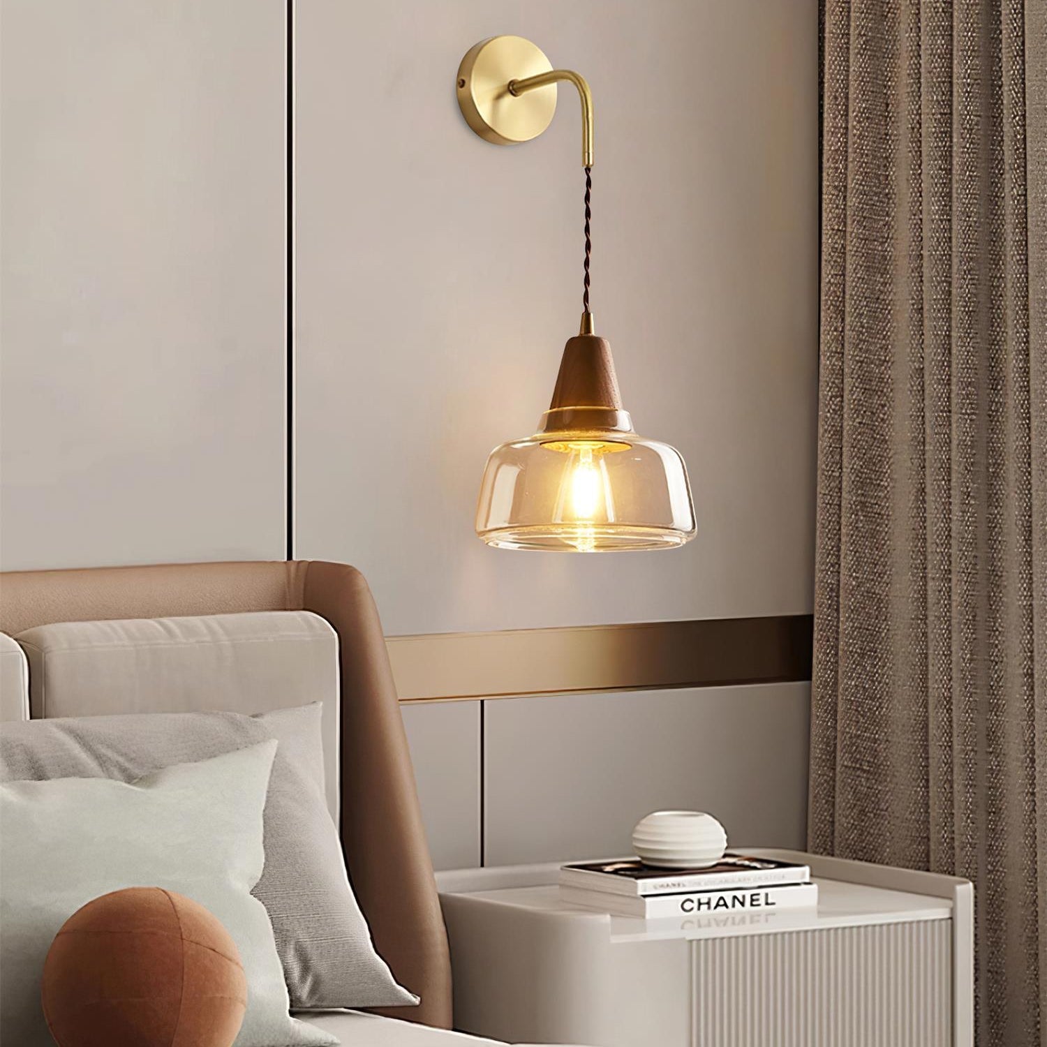 Wall Lamp Amber Glass Shade Tapered Walnut Accent Soft Glow Modern - Neutral Decor