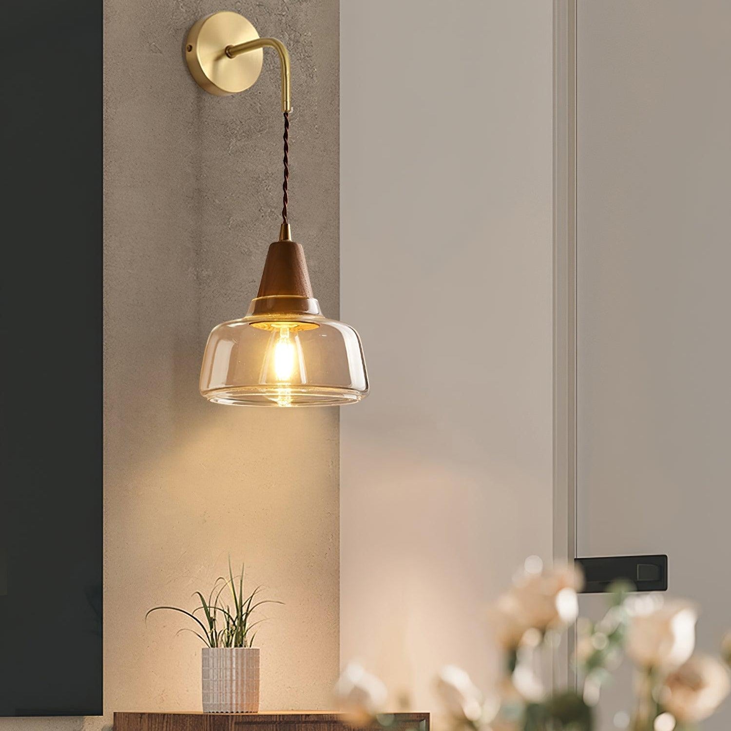 Wall Lamp Amber Glass Shade Tapered Walnut Accent Soft Glow Modern - Neutral Decor