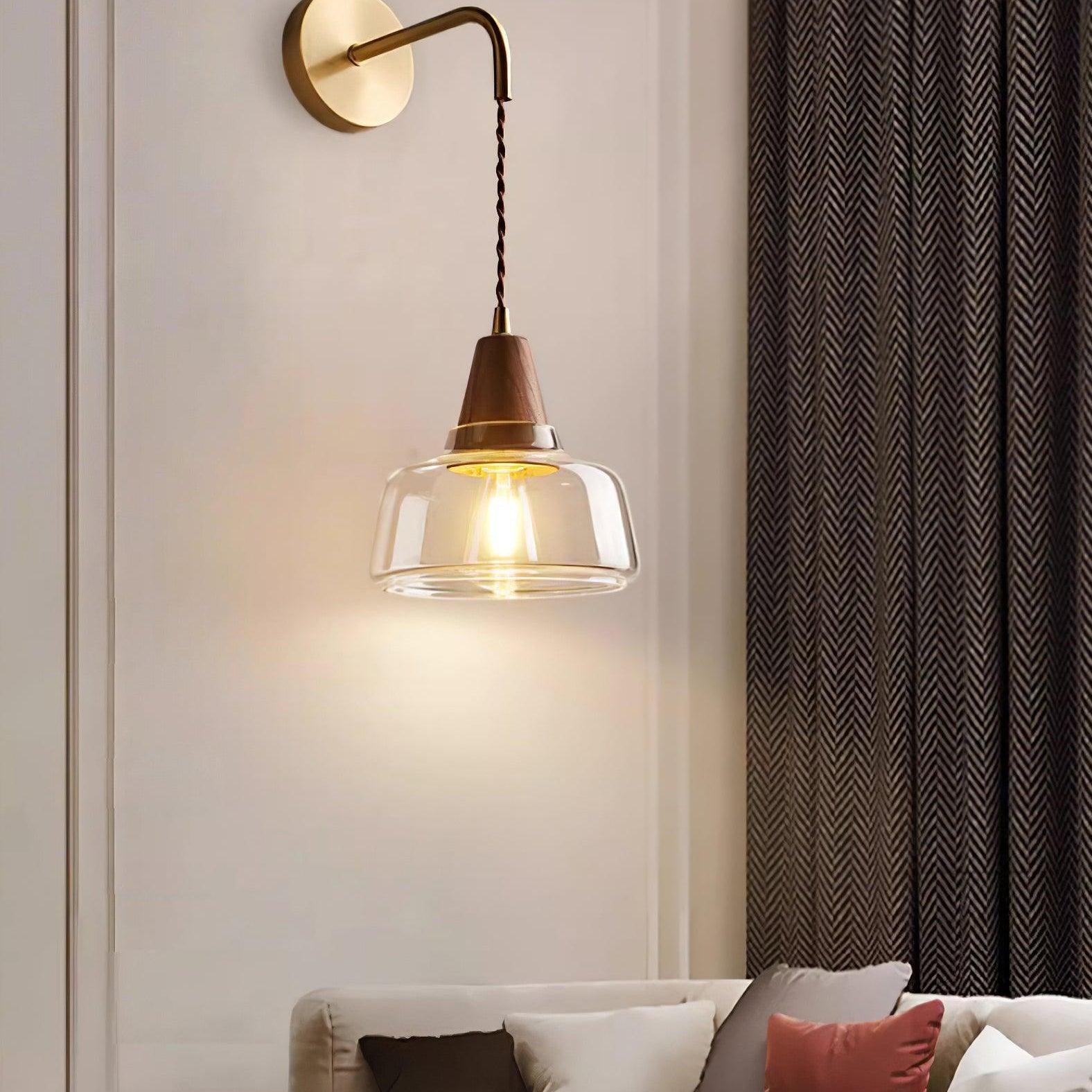 Wall Lamp Amber Glass Shade Tapered Walnut Accent Soft Glow Modern - Neutral Decor