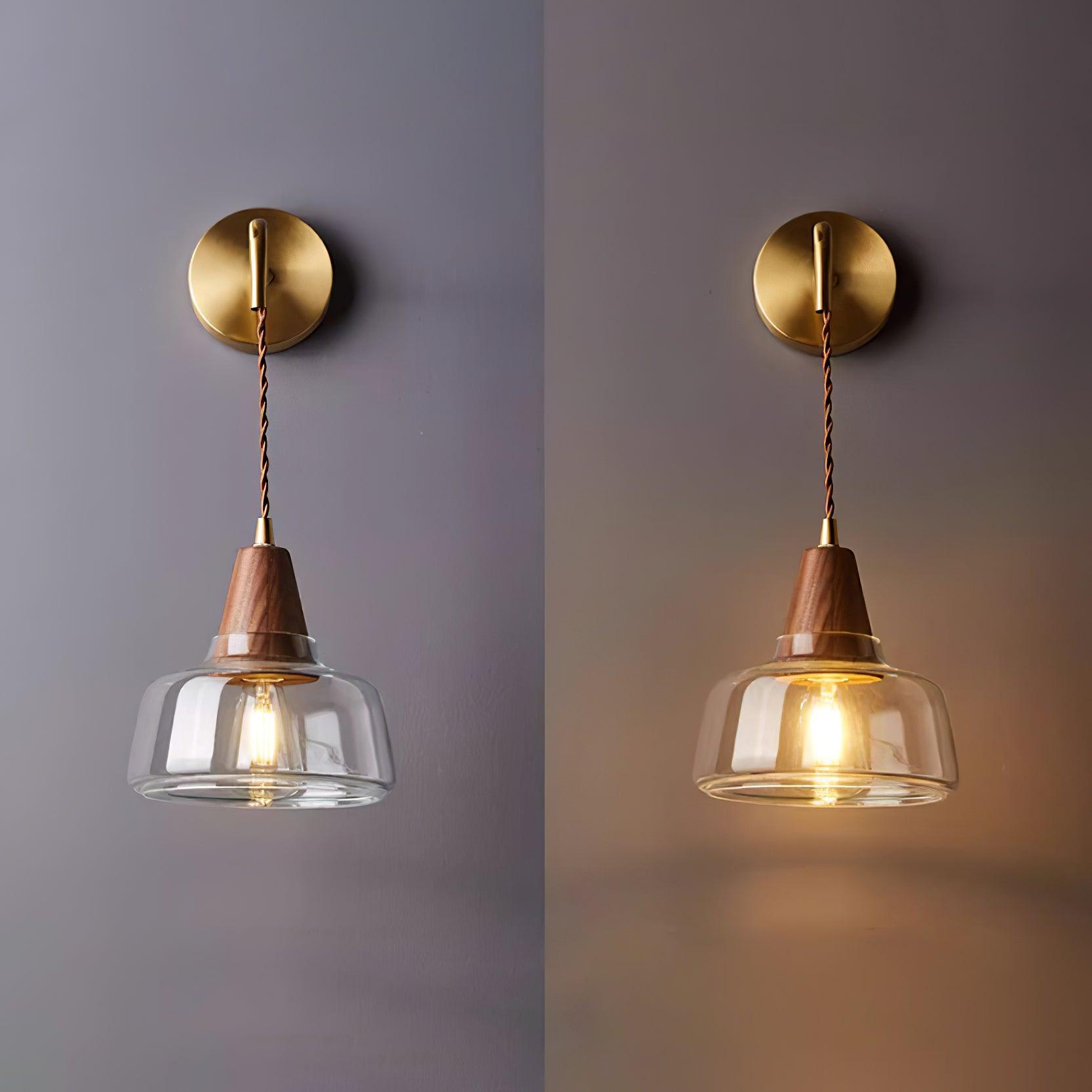 Wall Lamp Amber Glass Shade Tapered Walnut Accent Soft Glow Modern - Neutral Decor