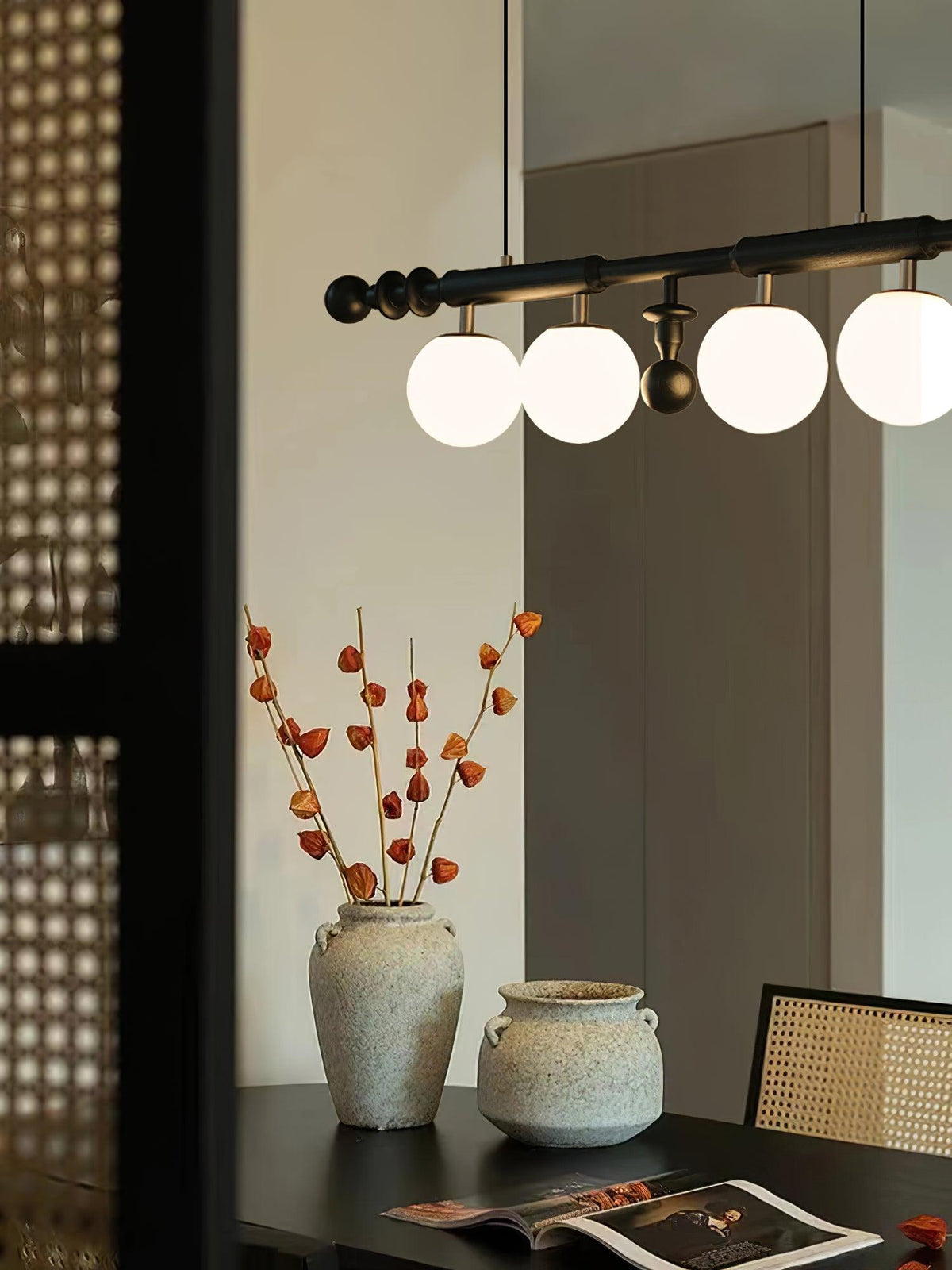 Elvalelle Chandelier Roman Column Walnut Wood Glass