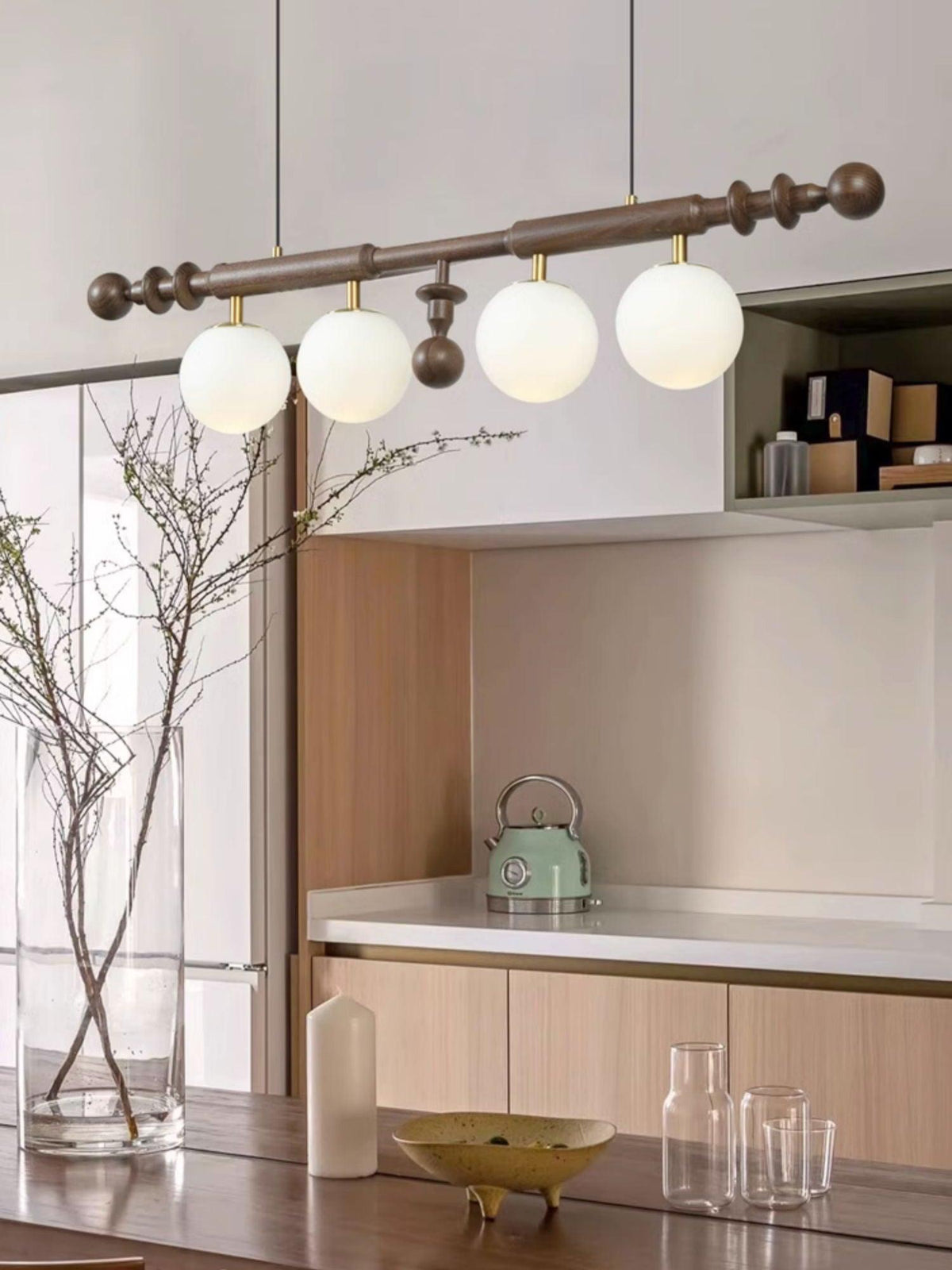 Elvalelle Chandelier Roman Column Walnut Wood Glass