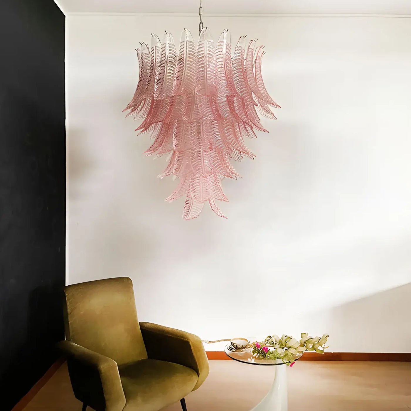 Liorisian Chandelier Pink Murano Glass Leaves Cascading Romantic