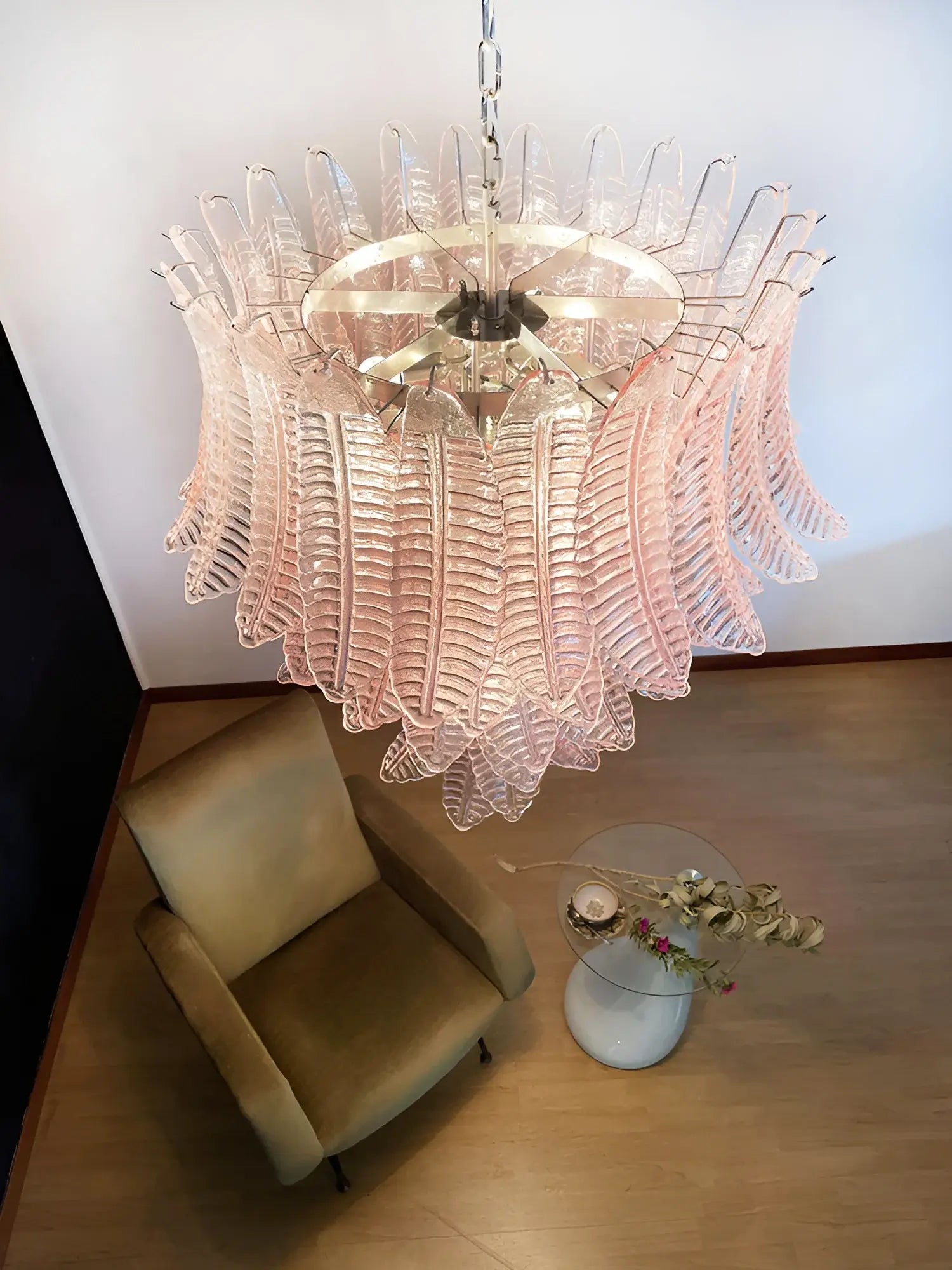 Liorisian Chandelier Pink Murano Glass Leaves Cascading Romantic