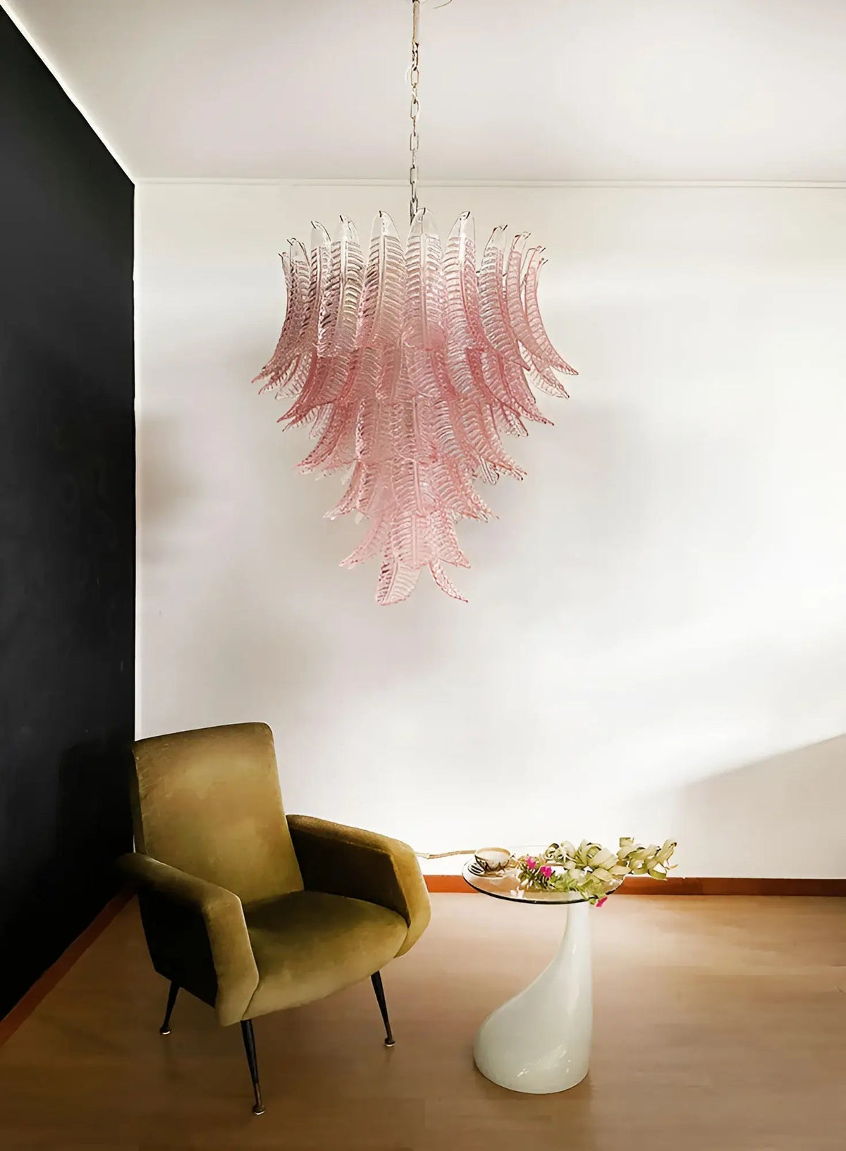 Liorisian Chandelier Pink Murano Glass Leaves Cascading Romantic