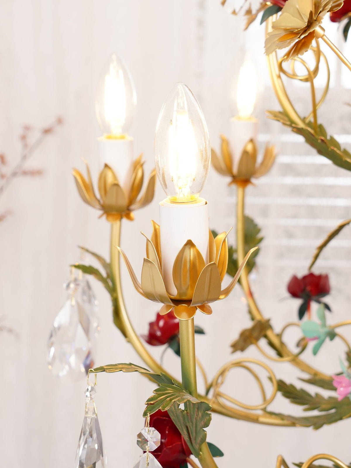 Selarella Chandelier Brass Floral Rose Crystal Candle
