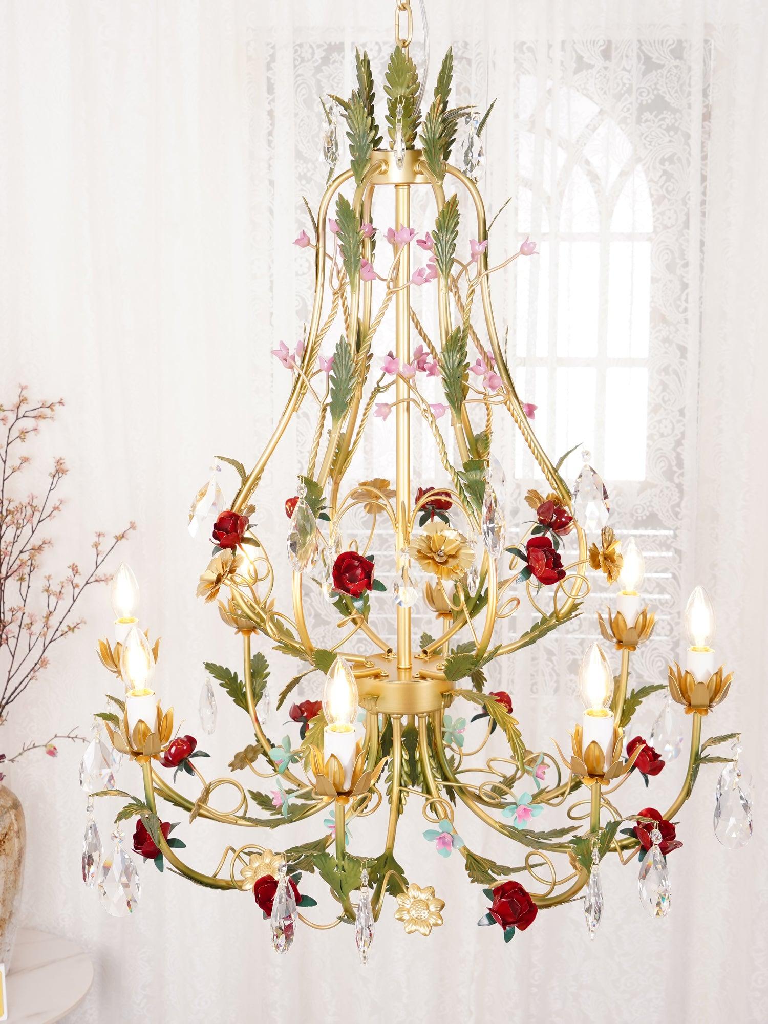 Selarella Chandelier Brass Floral Rose Crystal Candle