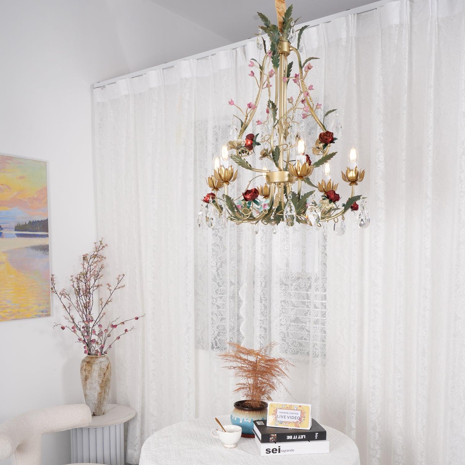 Selarella Chandelier Brass Floral Rose Crystal Candle