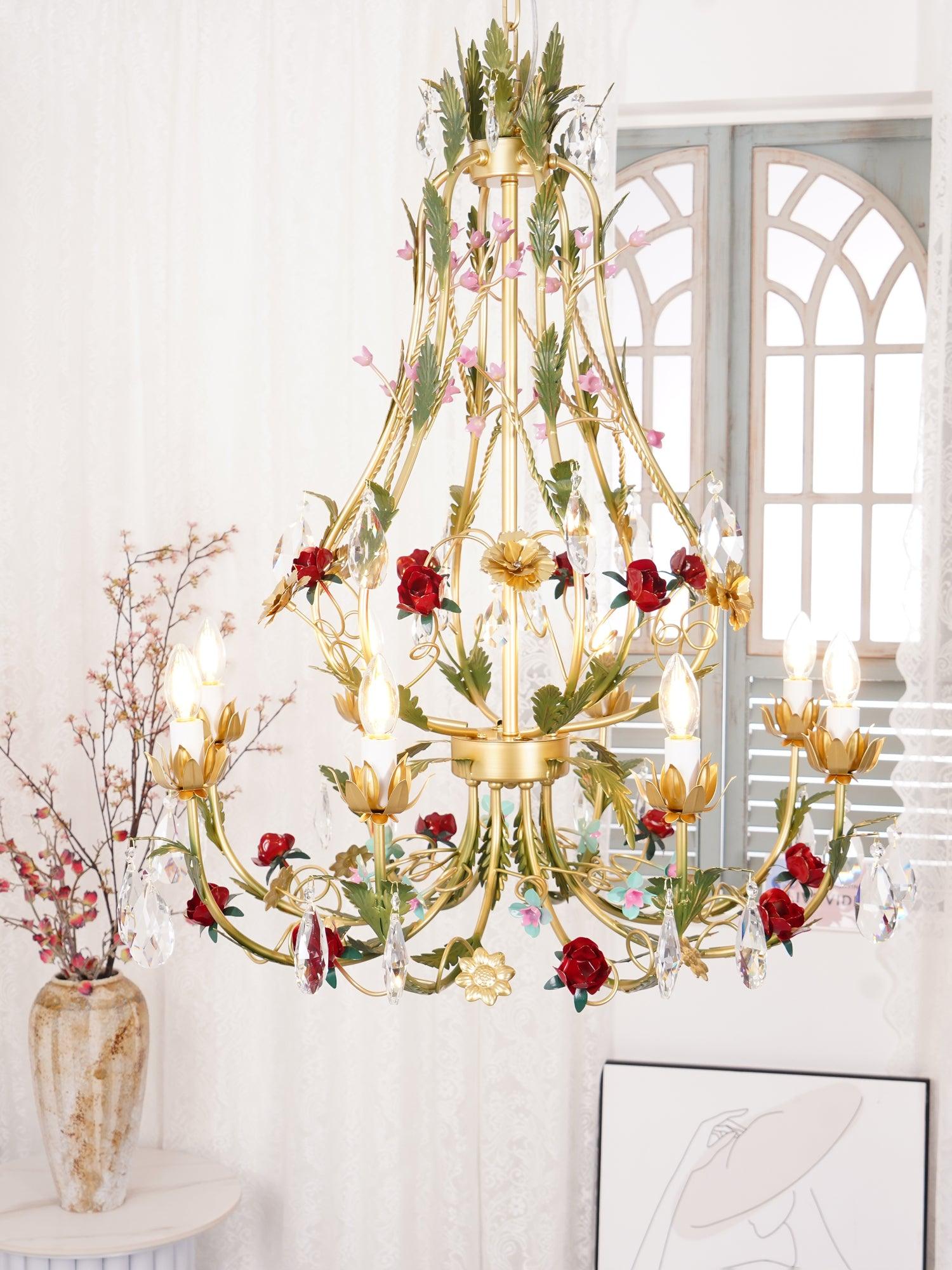 Selarella Chandelier Brass Floral Rose Crystal Candle