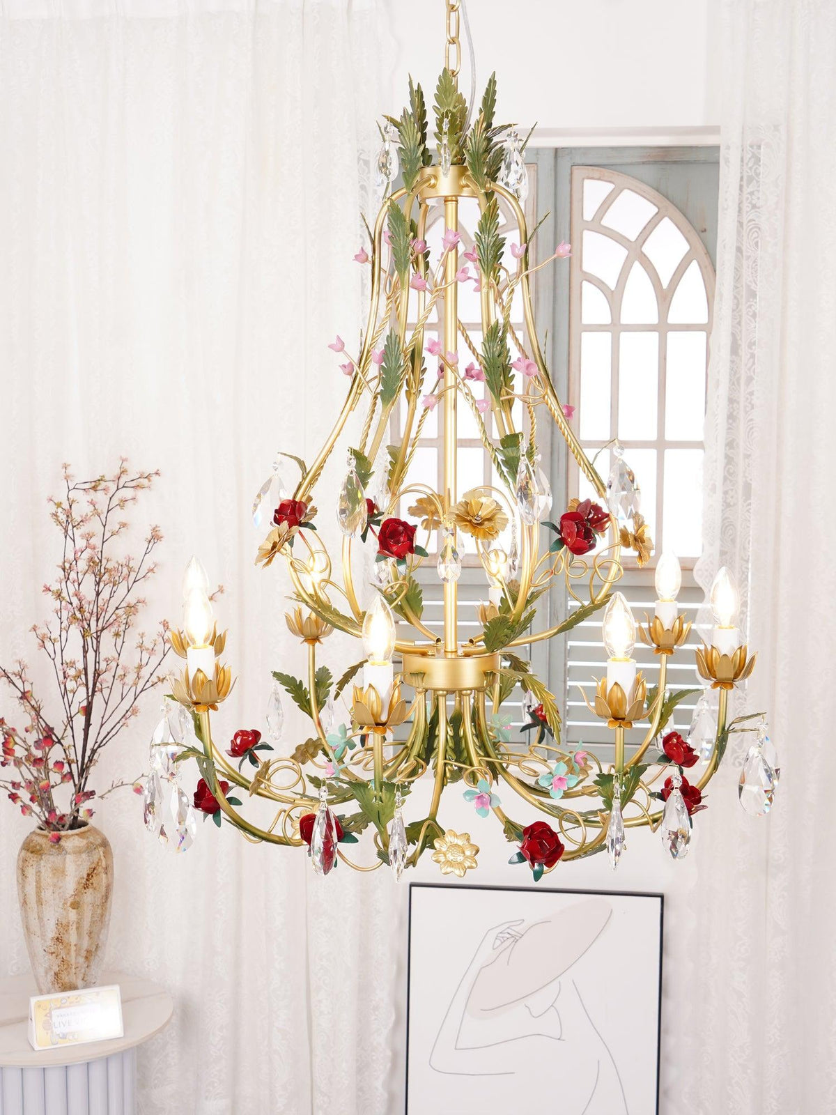 Selarella Chandelier Brass Floral Rose Crystal Candle