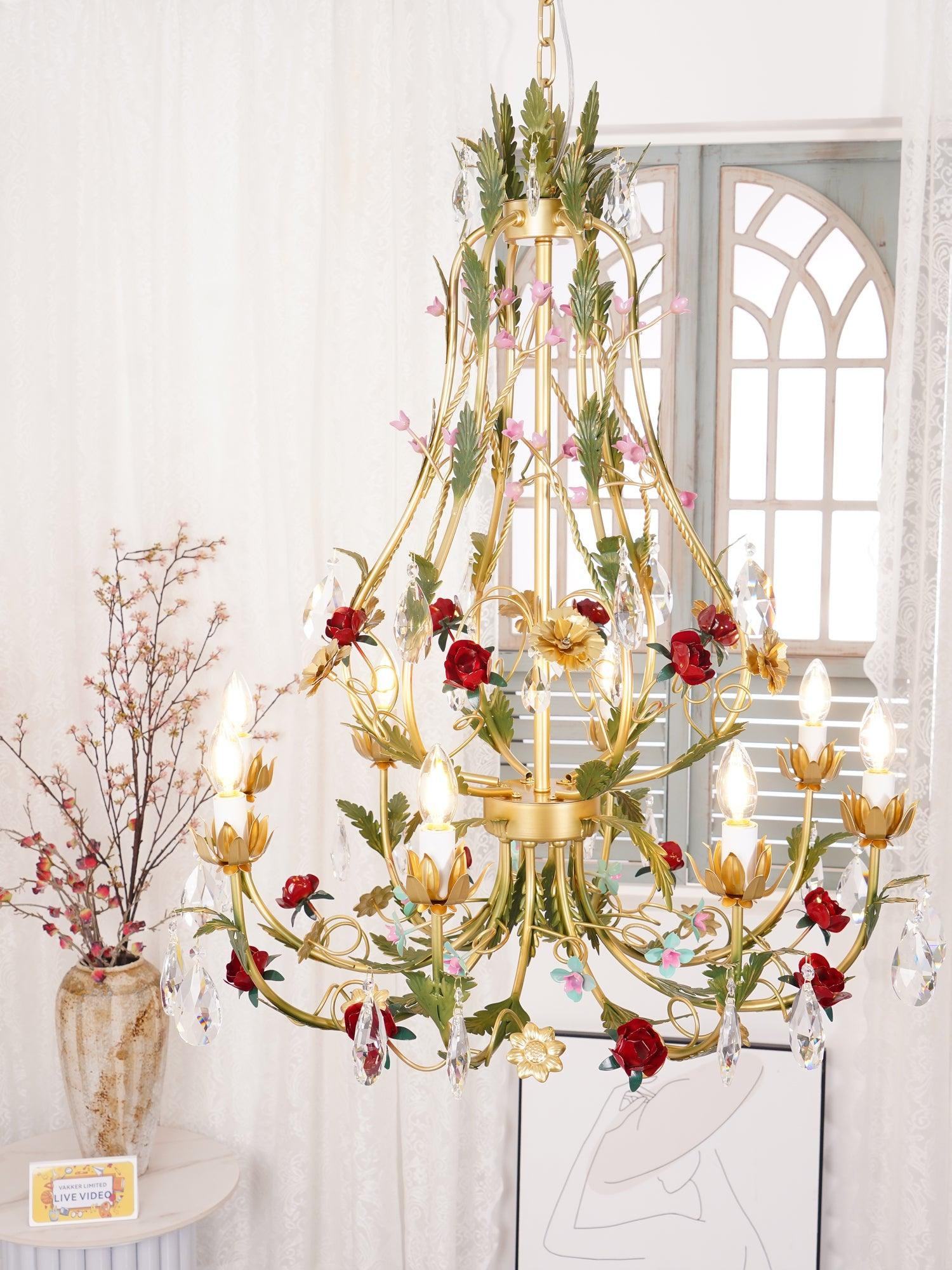 Selarella Chandelier Brass Floral Rose Crystal Candle