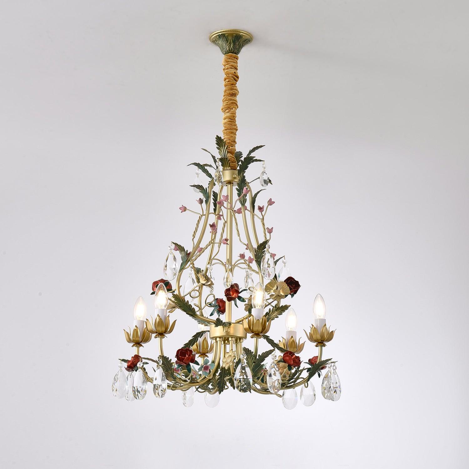 Selarella Chandelier Brass Floral Rose Crystal Candle