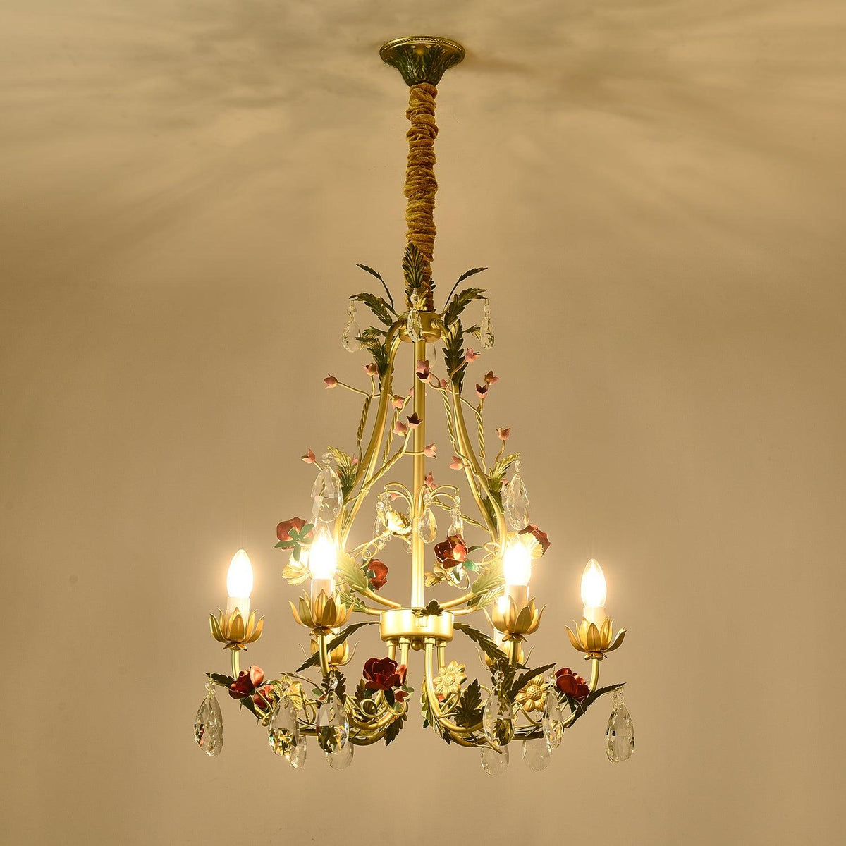 Selarella Chandelier Brass Floral Rose Crystal Candle