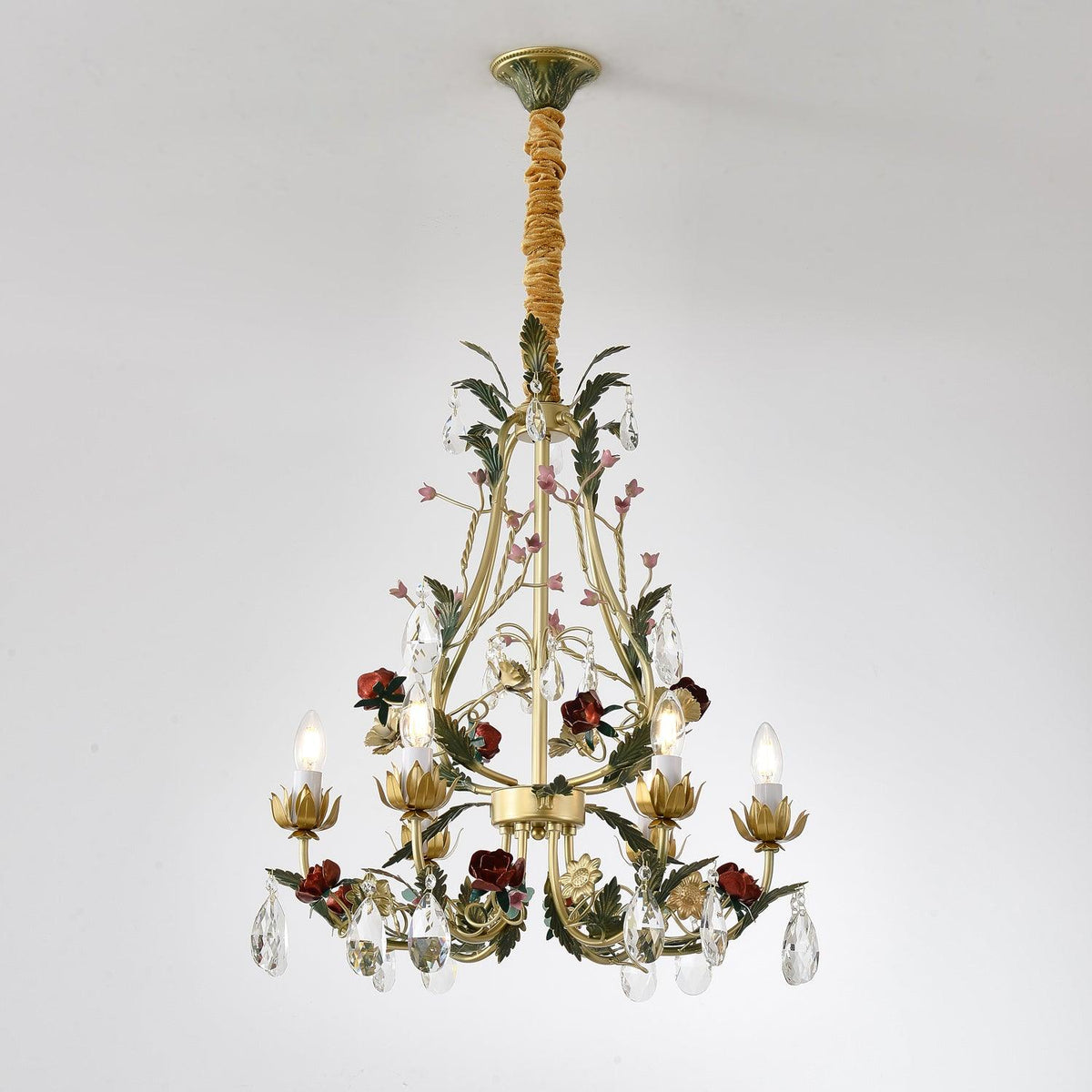 Selarella Chandelier Brass Floral Rose Crystal Candle