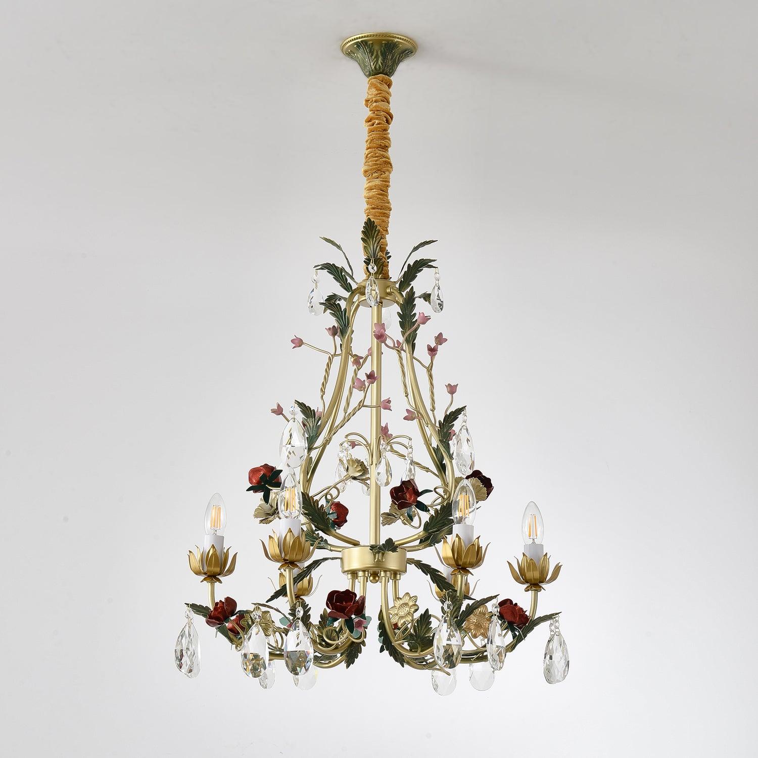 Selarella Chandelier Brass Floral Rose Crystal Candle