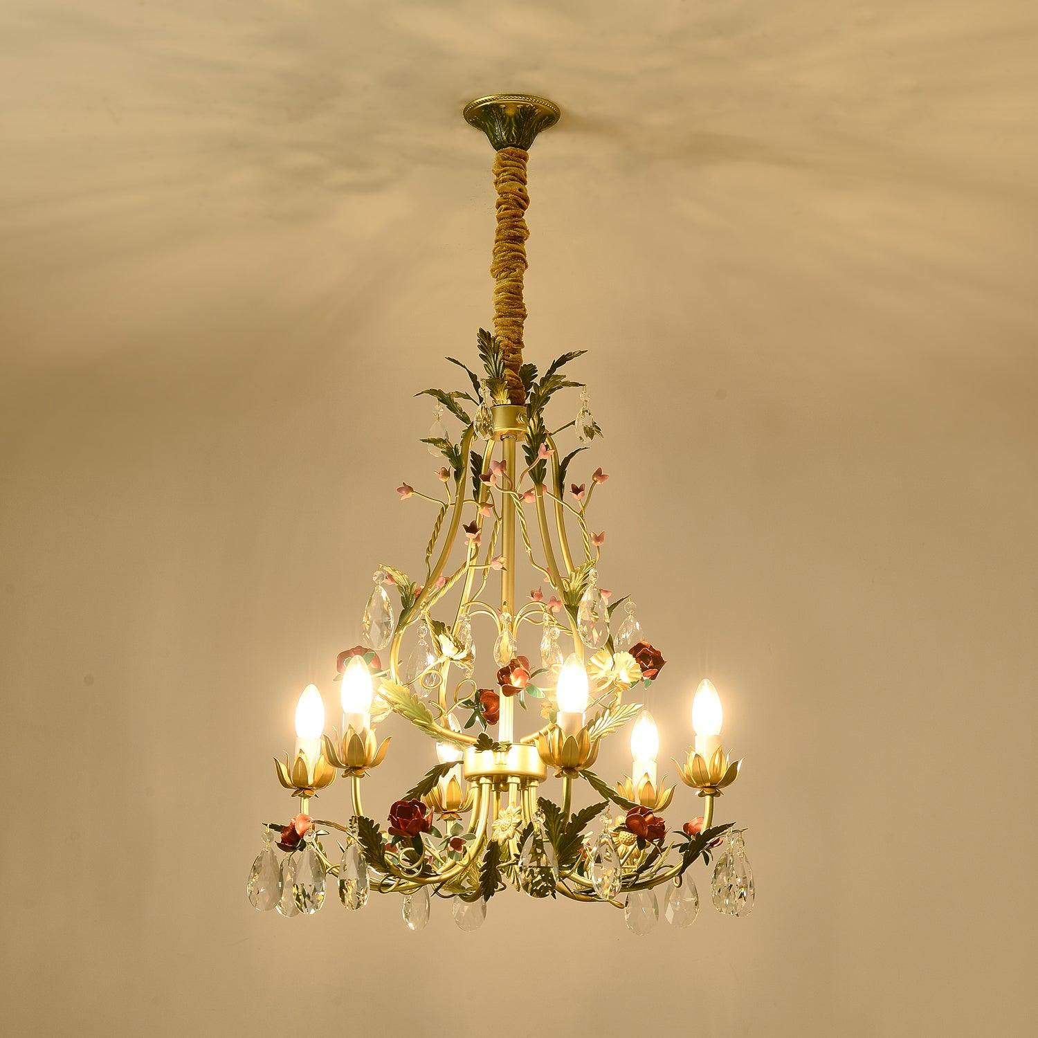 Selarella Chandelier Brass Floral Rose Crystal Candle