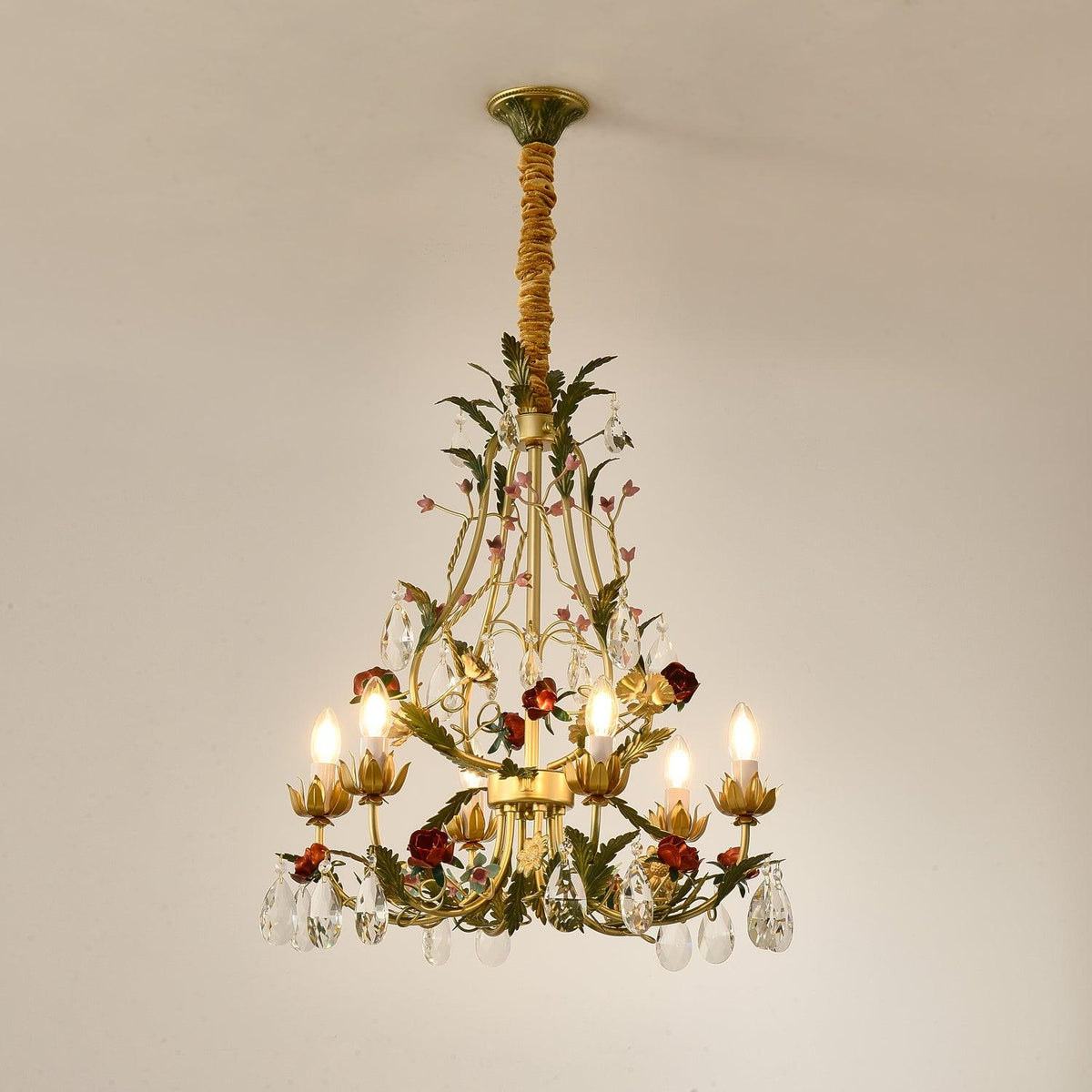 Selarella Chandelier Brass Floral Rose Crystal Candle