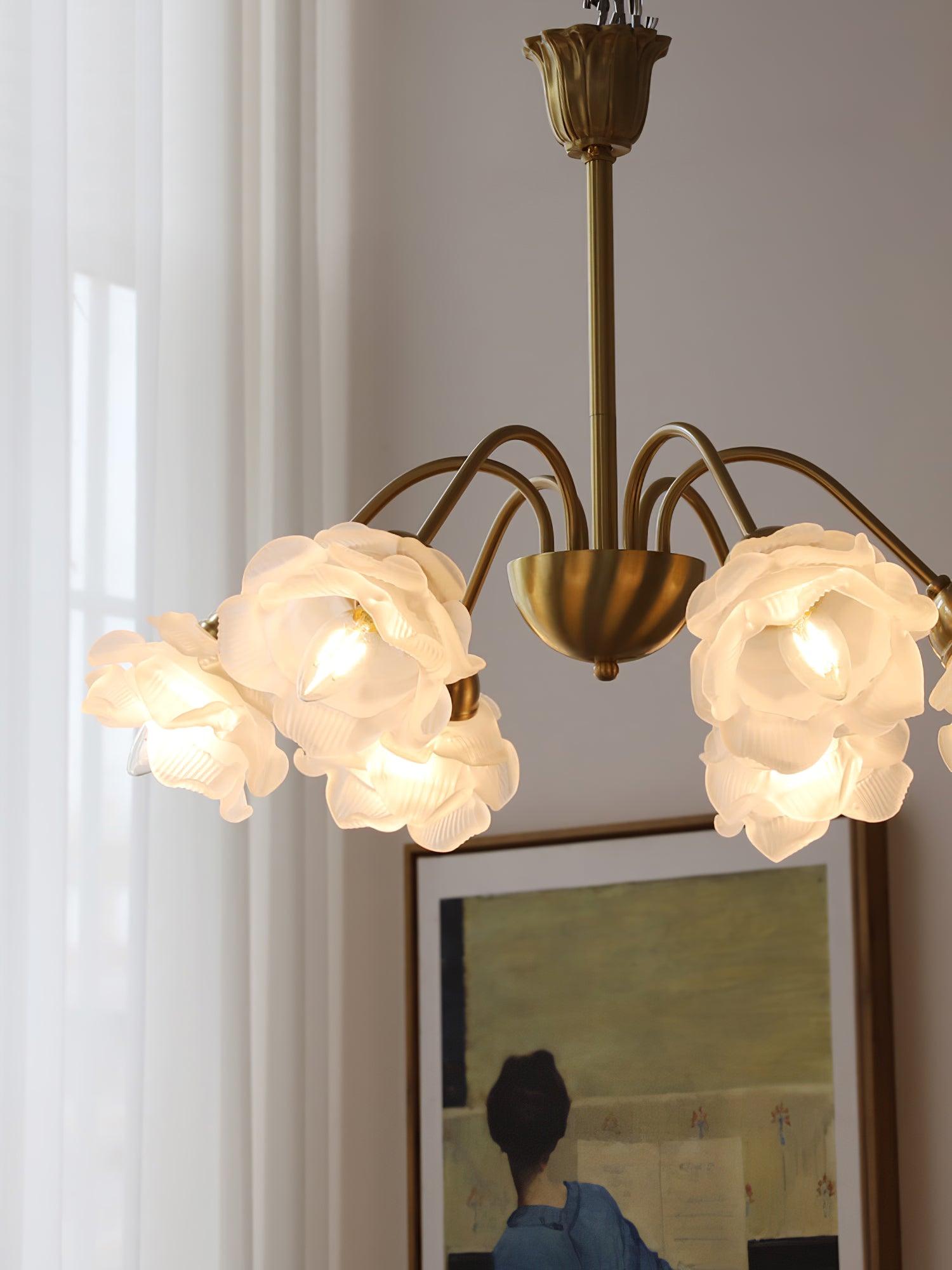 Lustra Chandelier Brass Glass Rose Floral - Neutral Decor