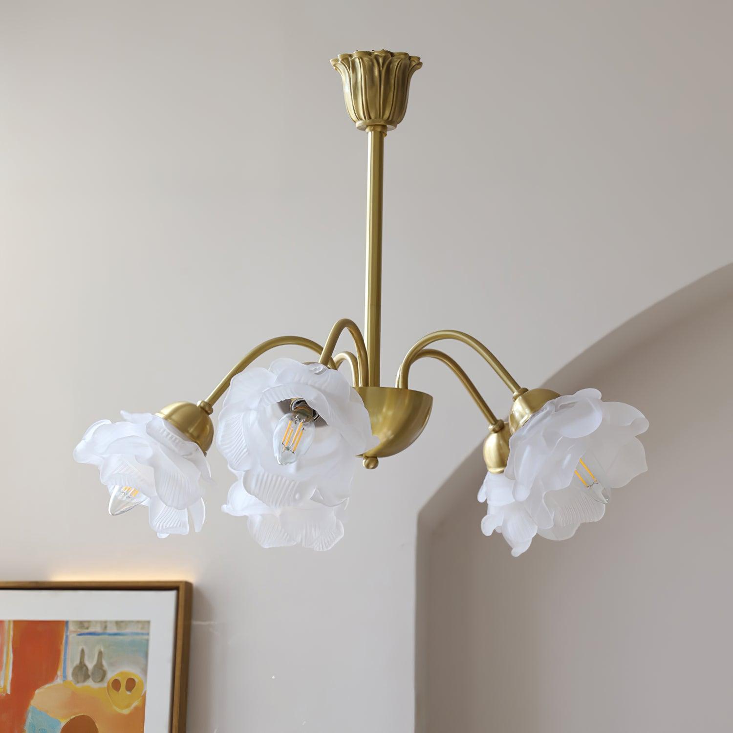 Lustra Chandelier Brass Glass Rose Floral - Neutral Decor